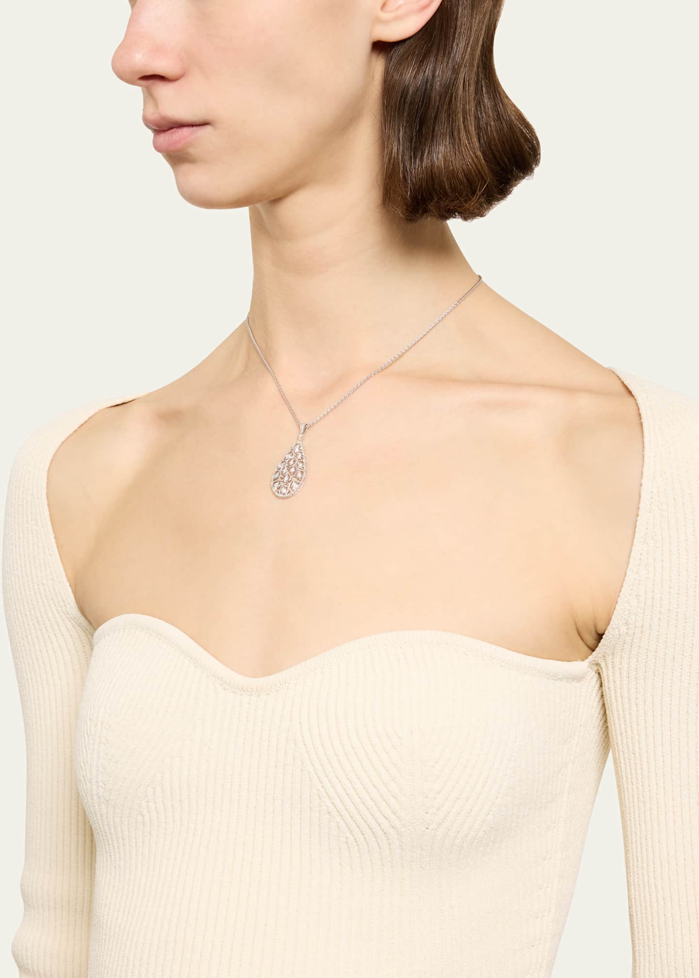 Buccellati Ramage 18K White Gold Drop Shaped Pendant Necklace with Diamonds Image 2 of 4
