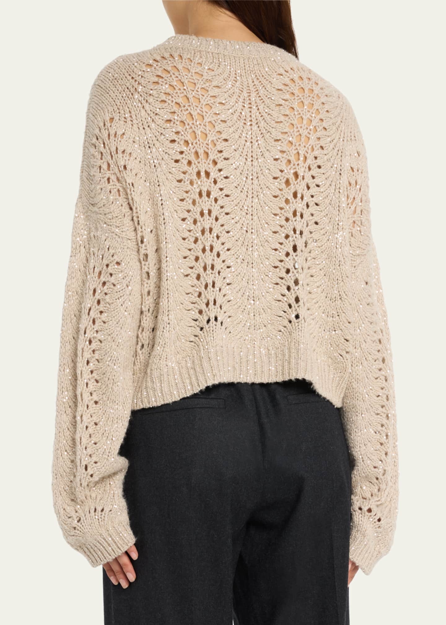 Brunello Cucinelli Cashmere Lace Knit Cropped Sweater with Micro Paillette  Detail - Bergdorf Goodman