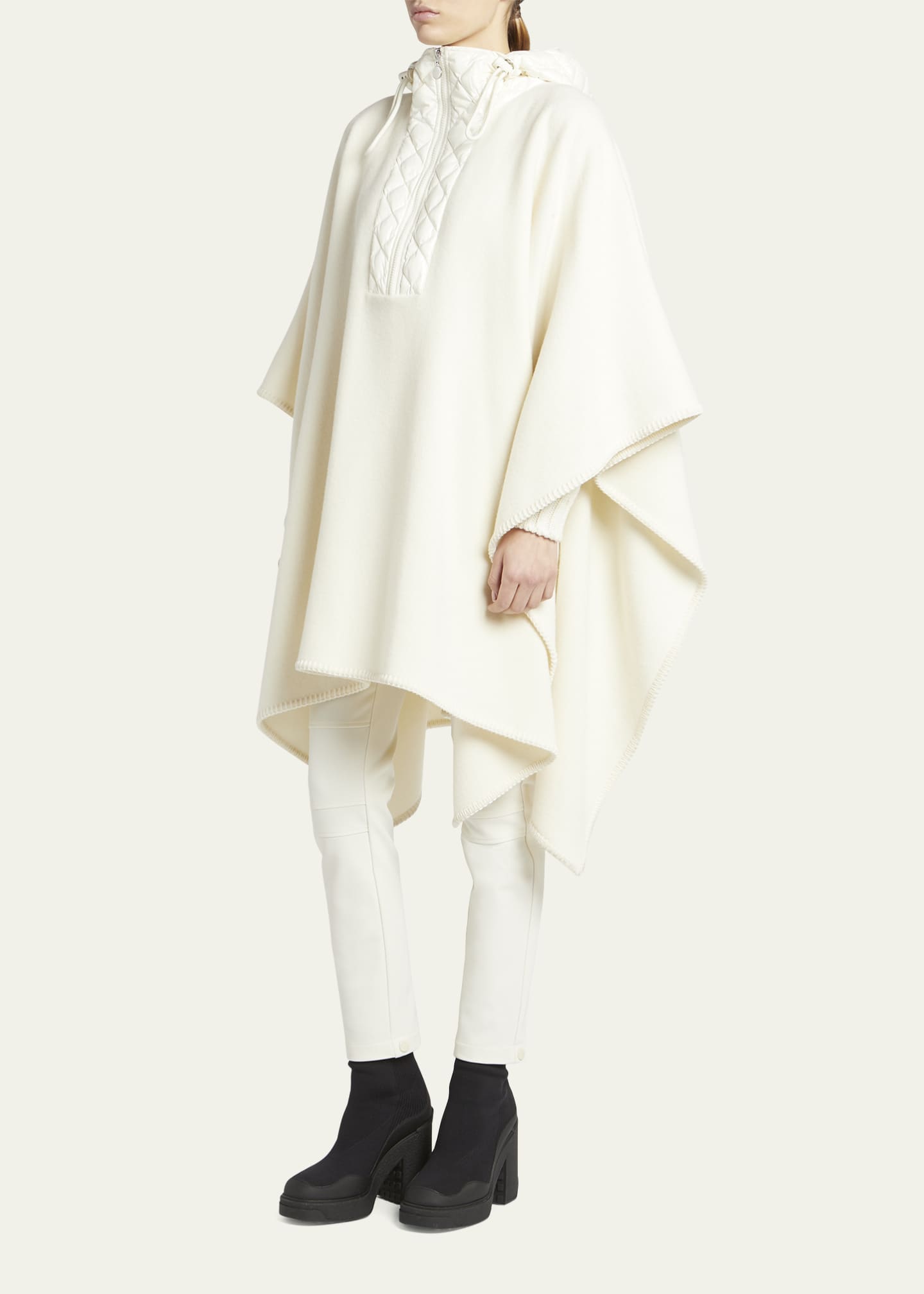 Moncler Hooded Long Wool Cape with Quilted Front