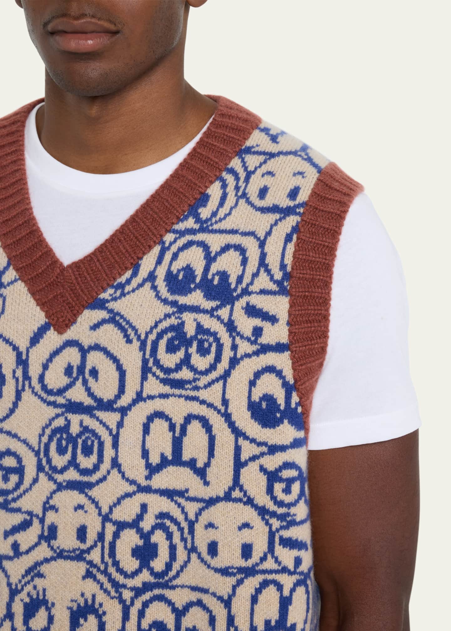 The Elder Statesman Men's Smiley Face Cashmere Sweater Vest, Hickory/Blue Jay/, Men's, Small, Sweaters Cashmere Sweaters