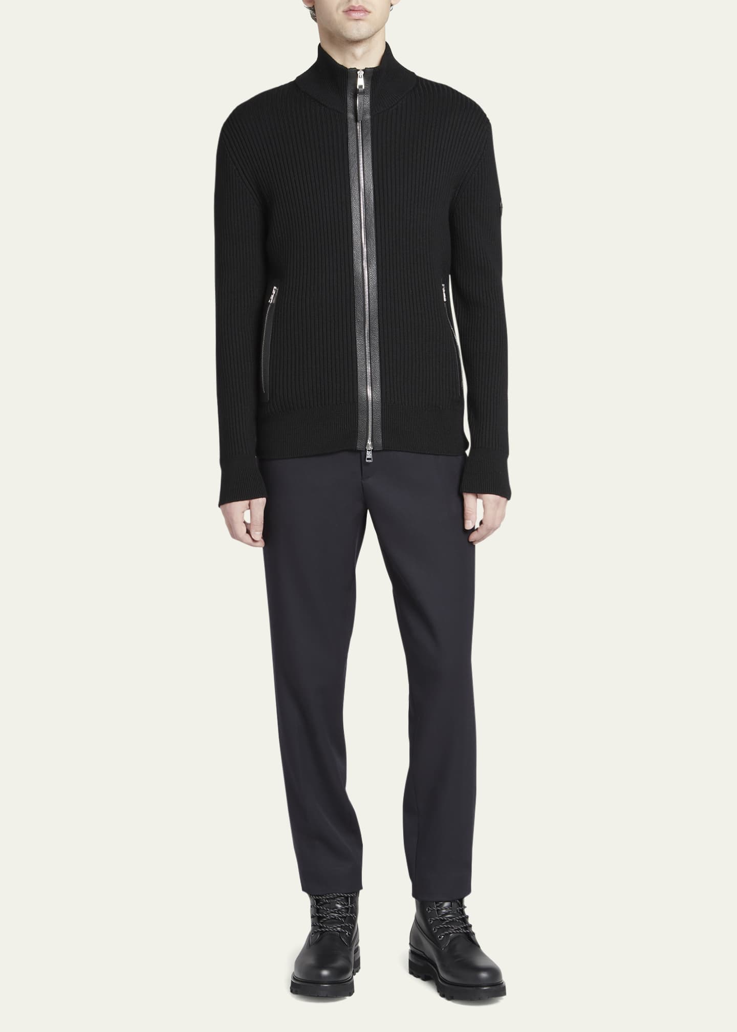 Moncler Men's Ribbed Cardigan with Leather Trim Image 2 of 5