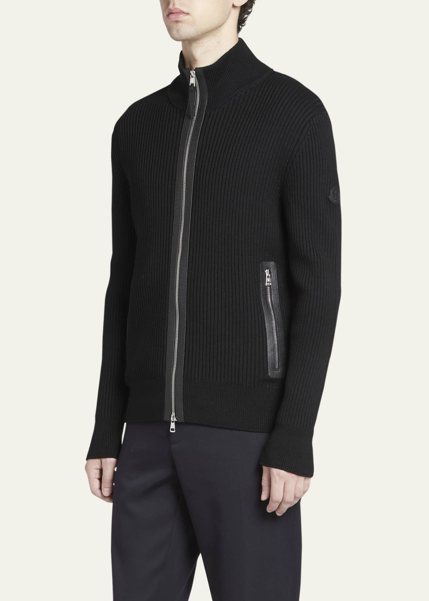 Moncler Men's Ribbed Cardigan with Leather Trim Image 4 of 5