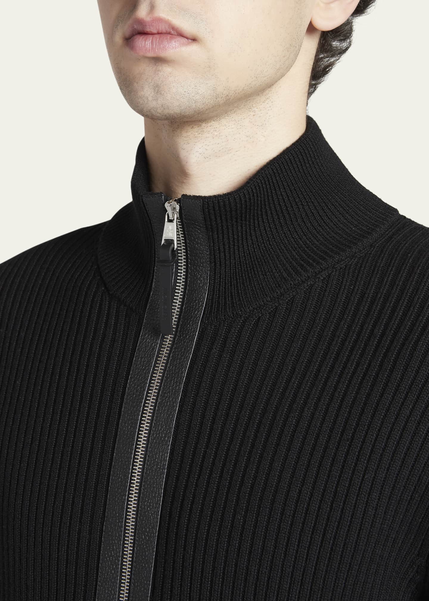 Moncler Men's Ribbed Cardigan with Leather Trim Image 5 of 5