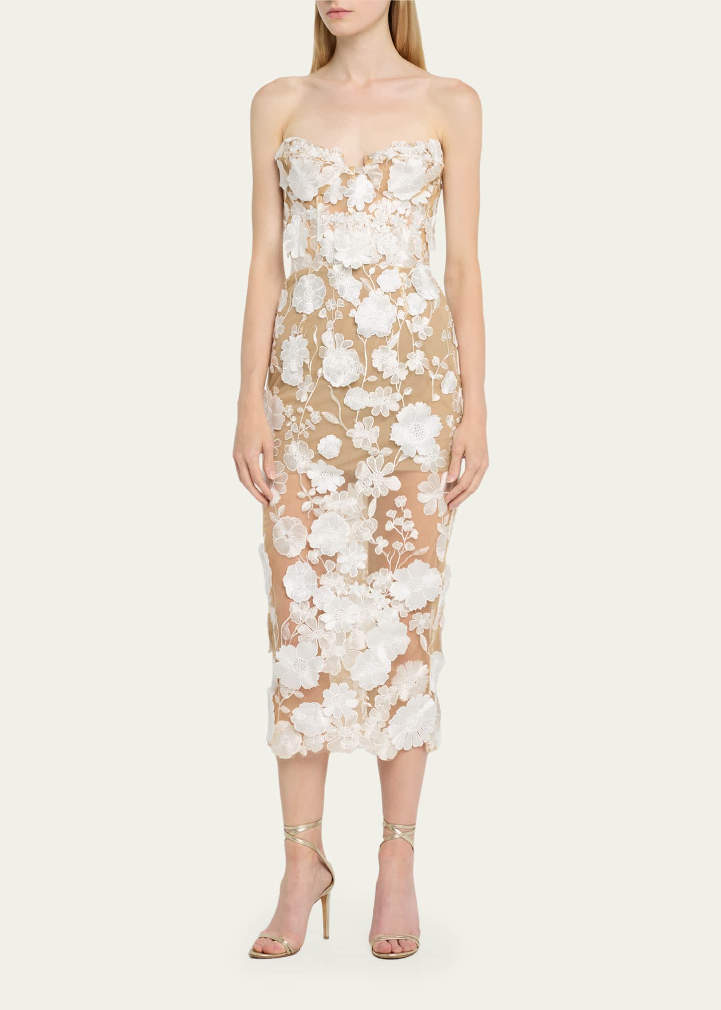 Bronx and Banco Jasmine Strapless Floral Applique Midi Dress