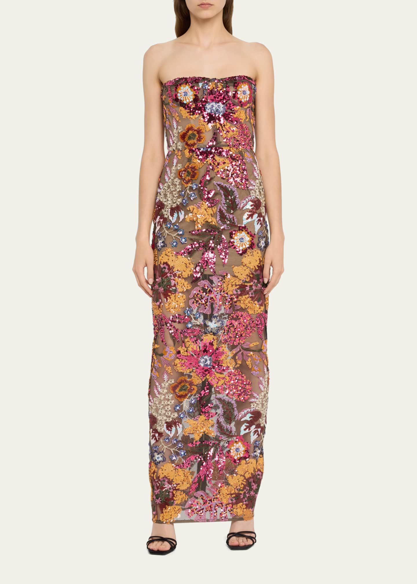 Bronx and Banco Dahlia Strapless Floral Sequin Column Gown