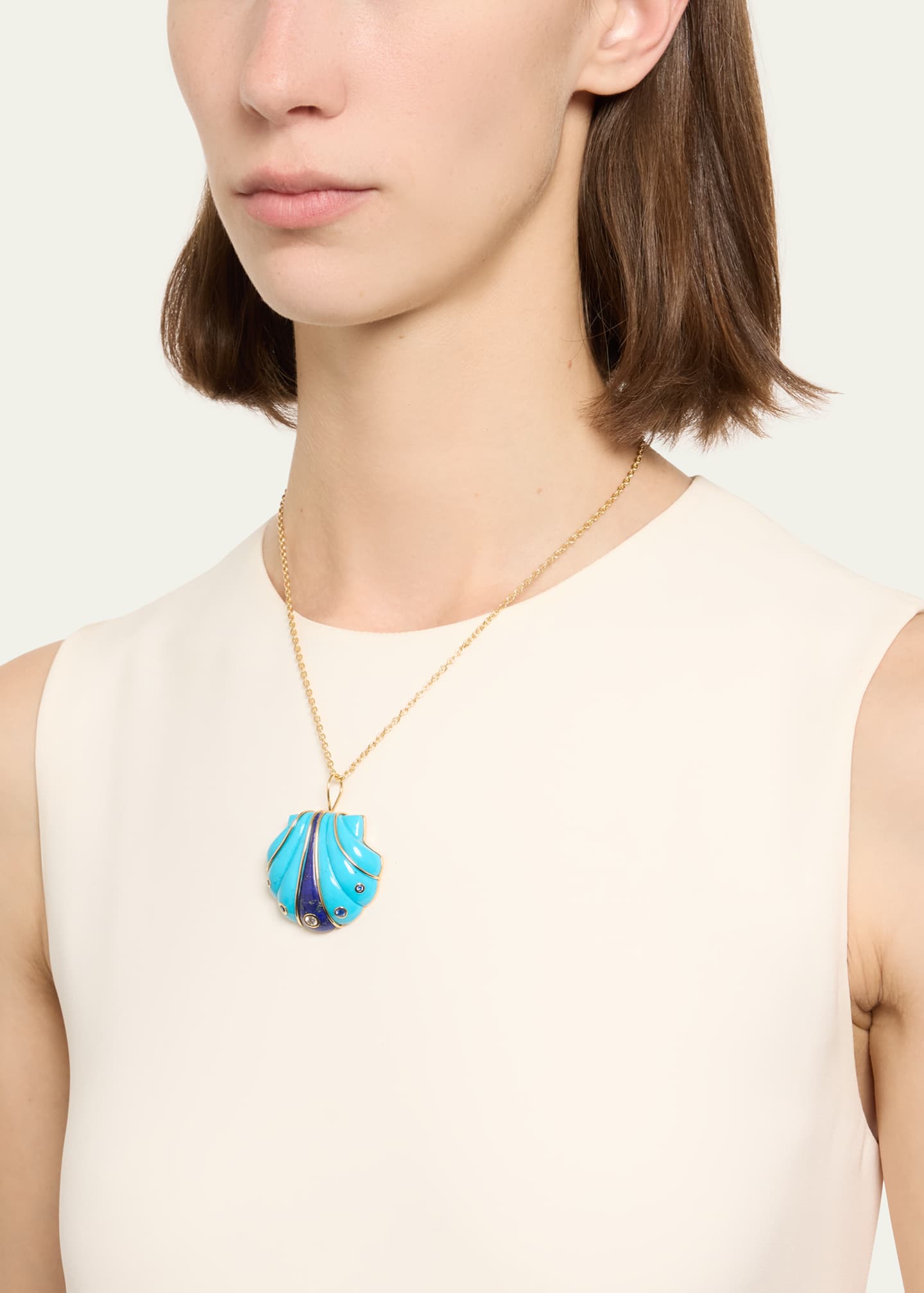 Brent Neale 18K Yellow Gold Carved Stone Shell Pendant Necklace with Sapphires Image 2 of 4
