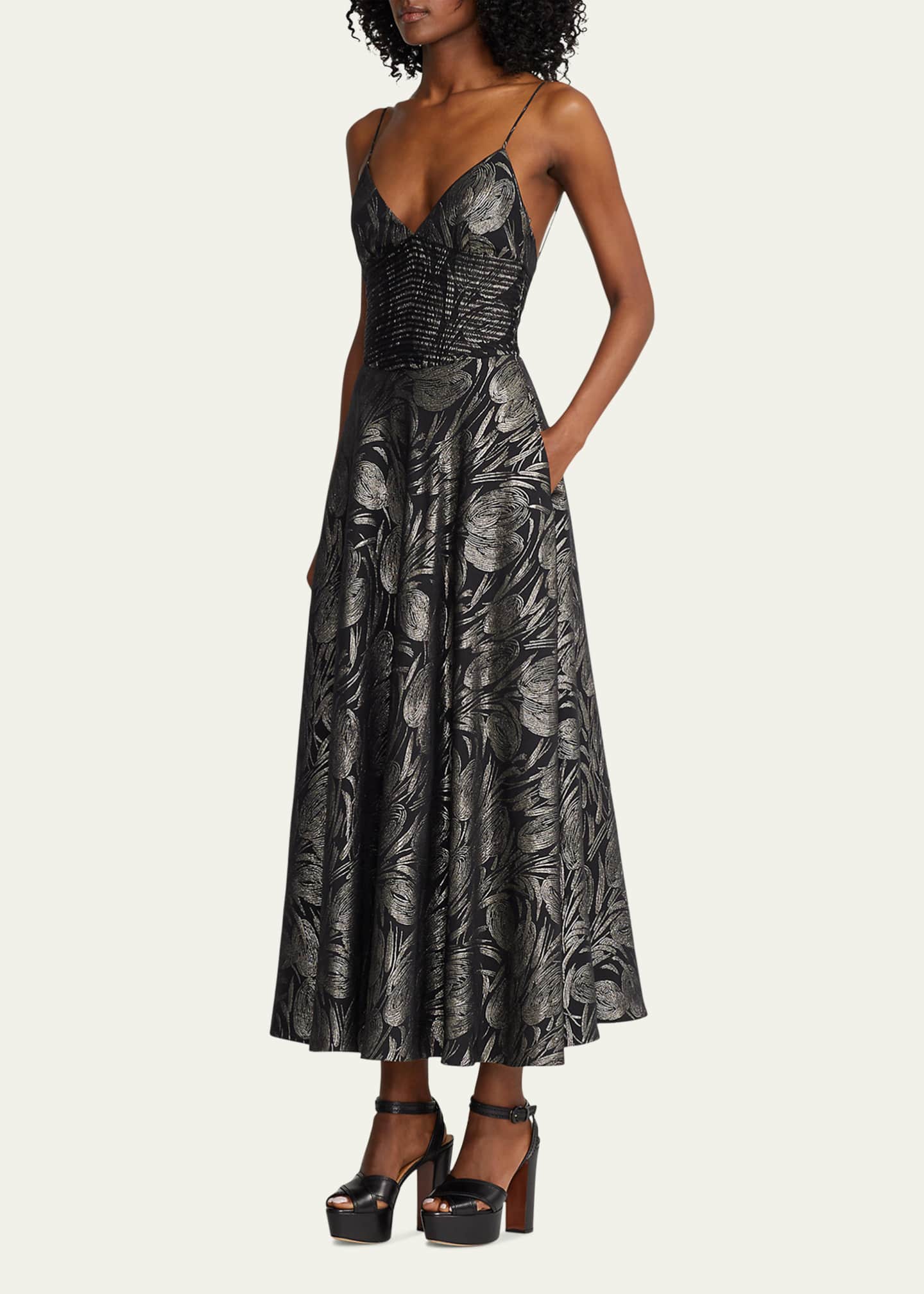 Ralph Lauren Collection Henri Floral Jacquard V Neck Dress