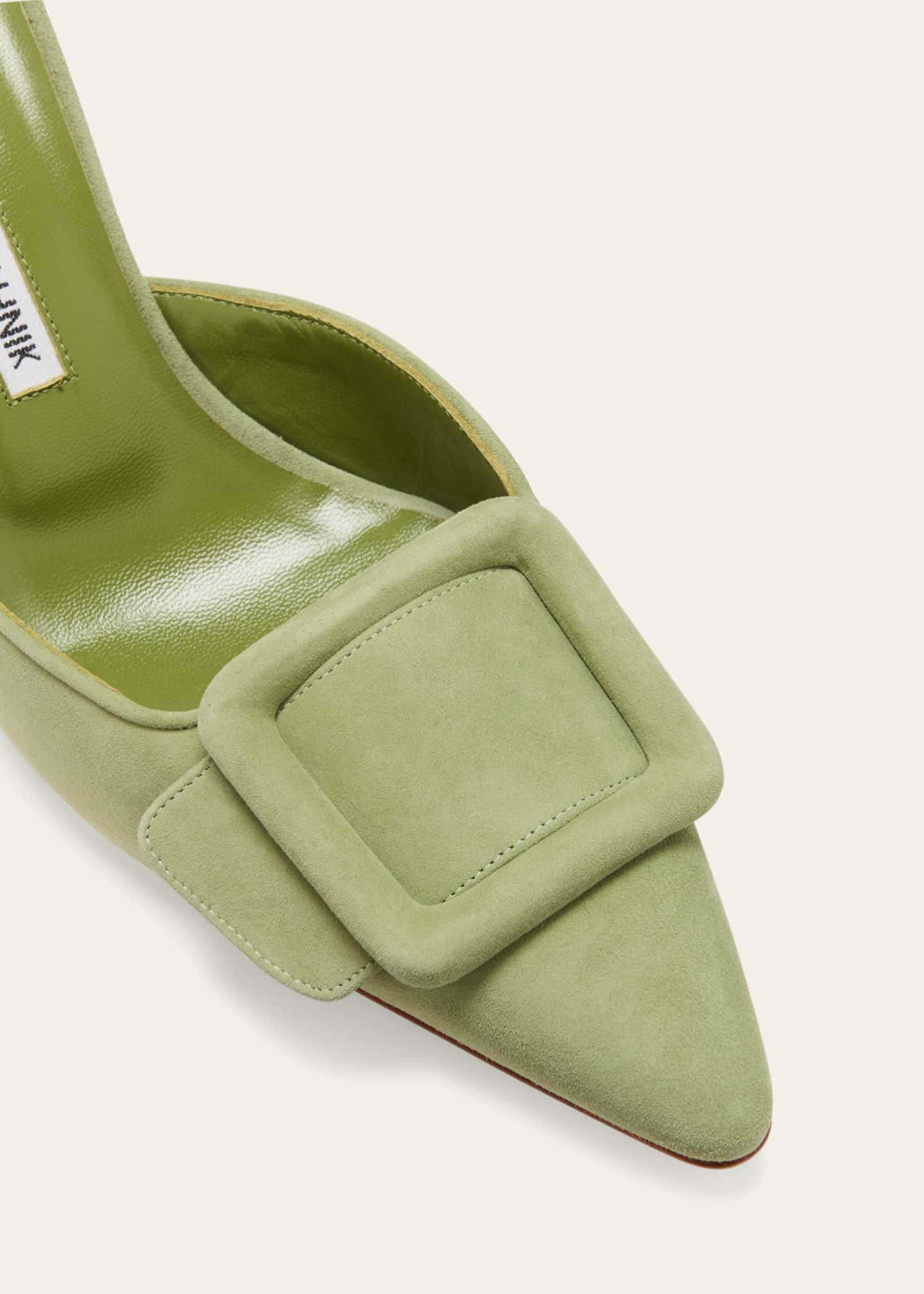 Manolo Flats Mules Diamond Buckle White Silk Satin 327486