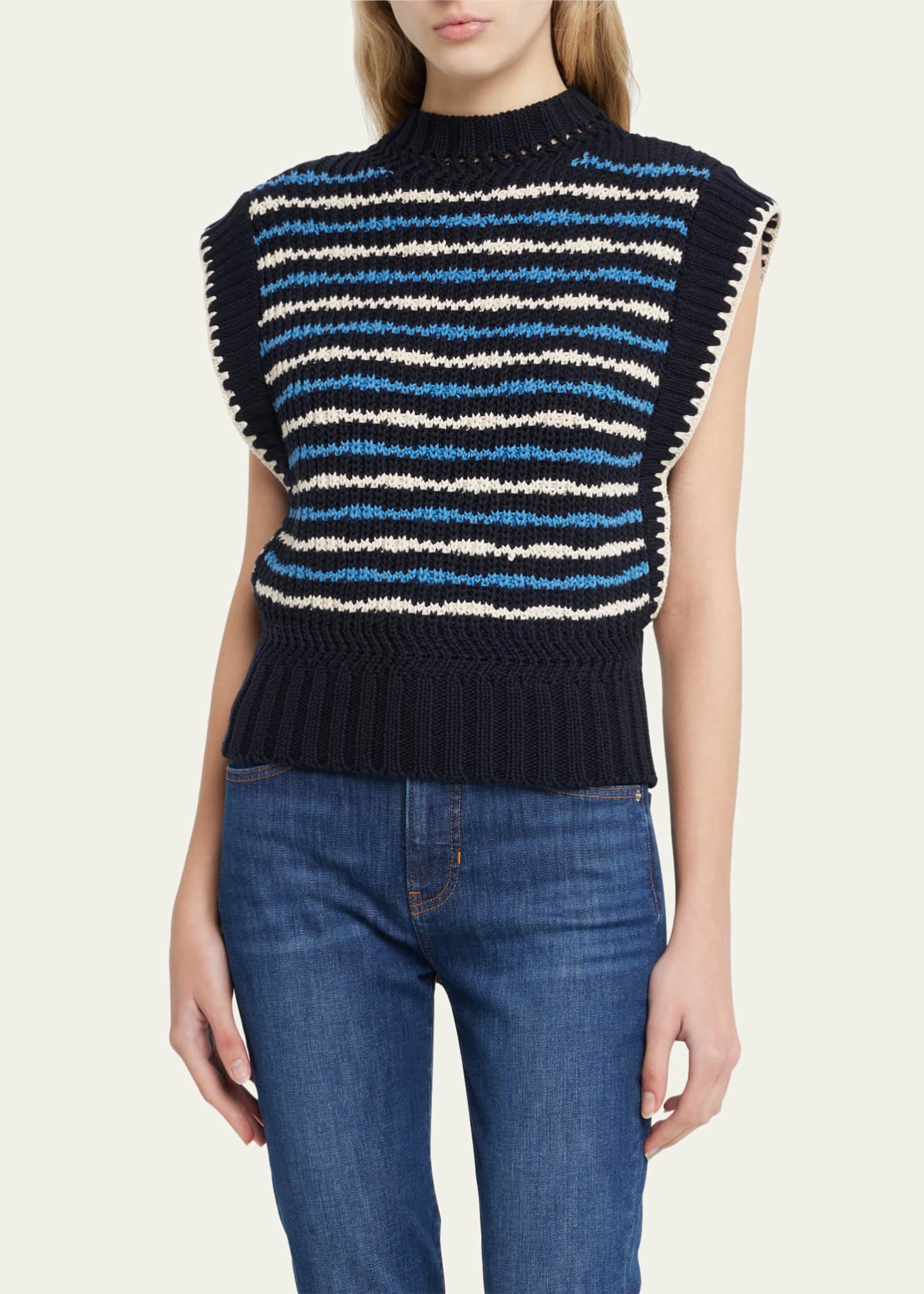 Veronica Beard Leni Tie Stripe Wool Sweater V Neck Size M