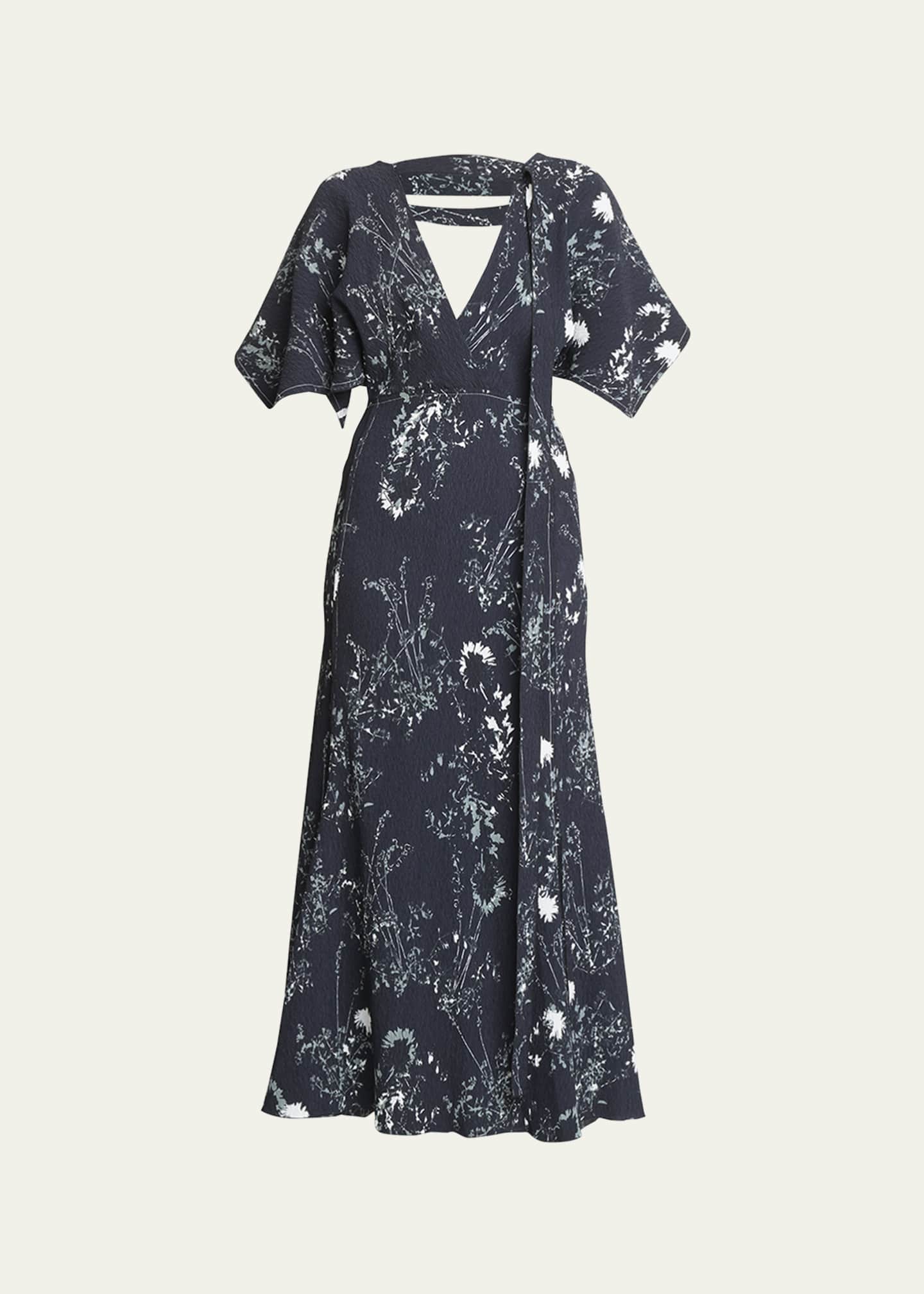 Victoria Beckham V-Neck Floral-Print Godet Dress with Sash Detail ...