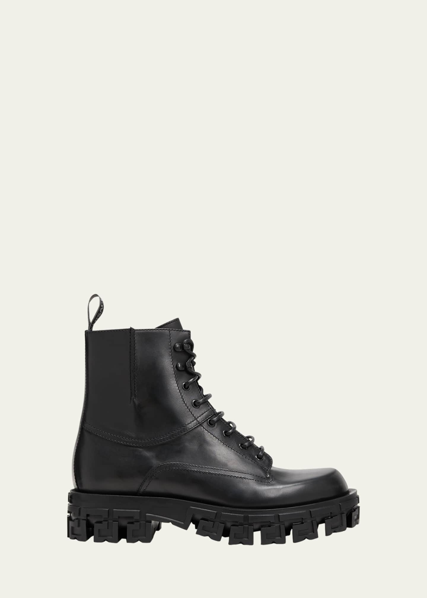 Versace Men's Greca-Sole Leather Combat Boots - Bergdorf Goodman