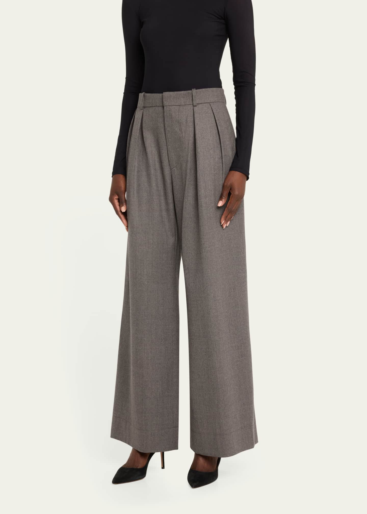 WARDROBE.NYC Low Rise Pintuck Wide Leg Flannel Trousers