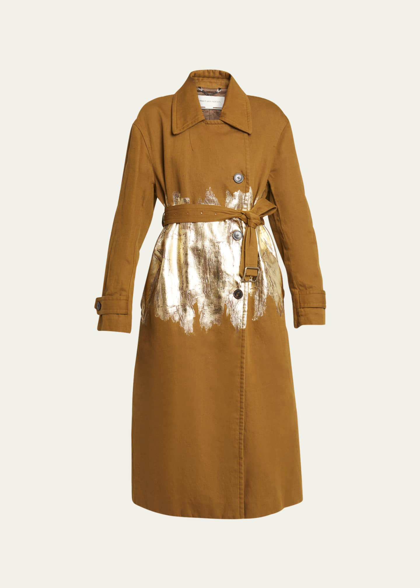 Dries Van Noten Ronas Belted Trench Coat with Metallic Gold Detail