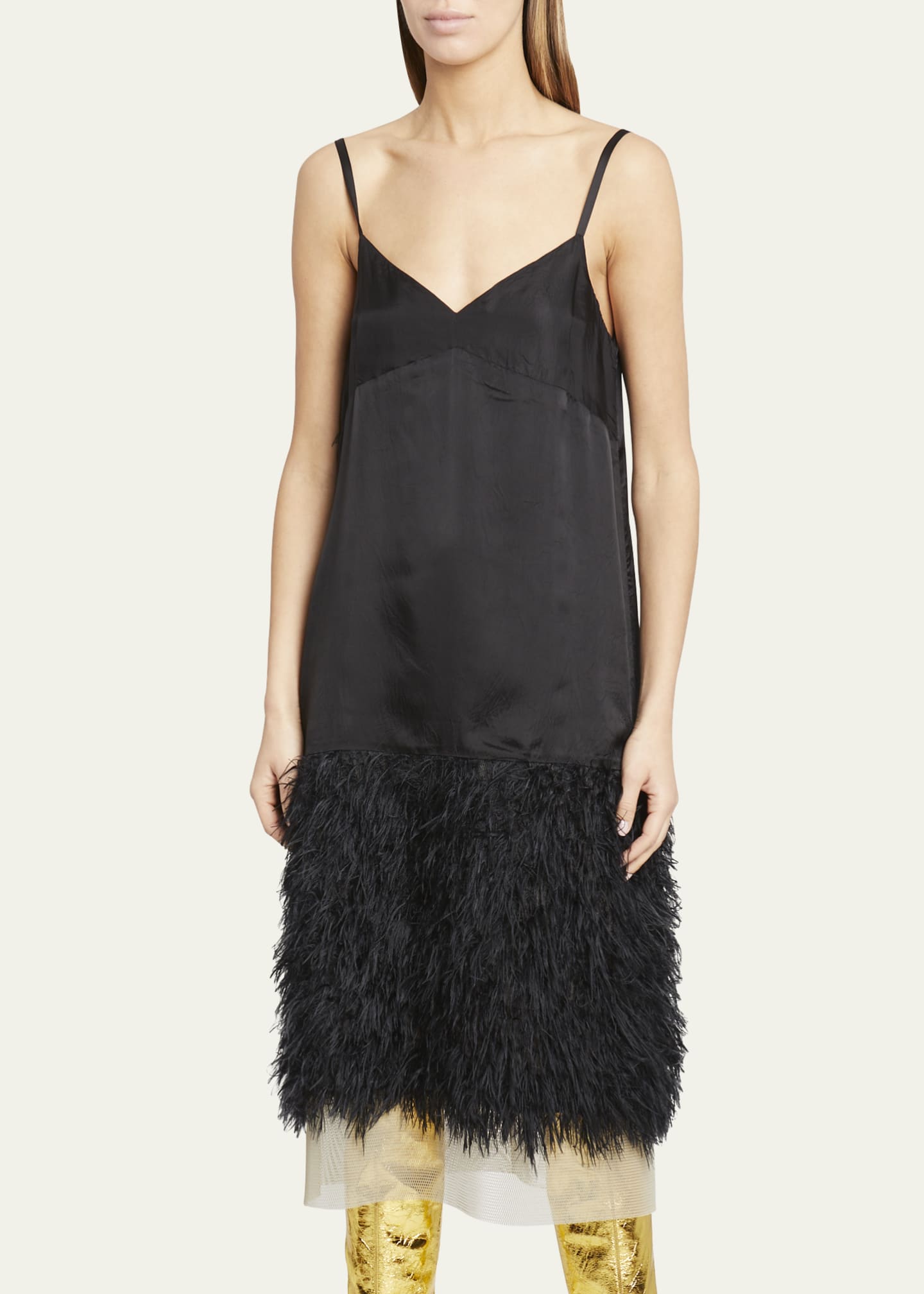 Dries Van Noten Dentasa Slip Dress with Faux Feathers