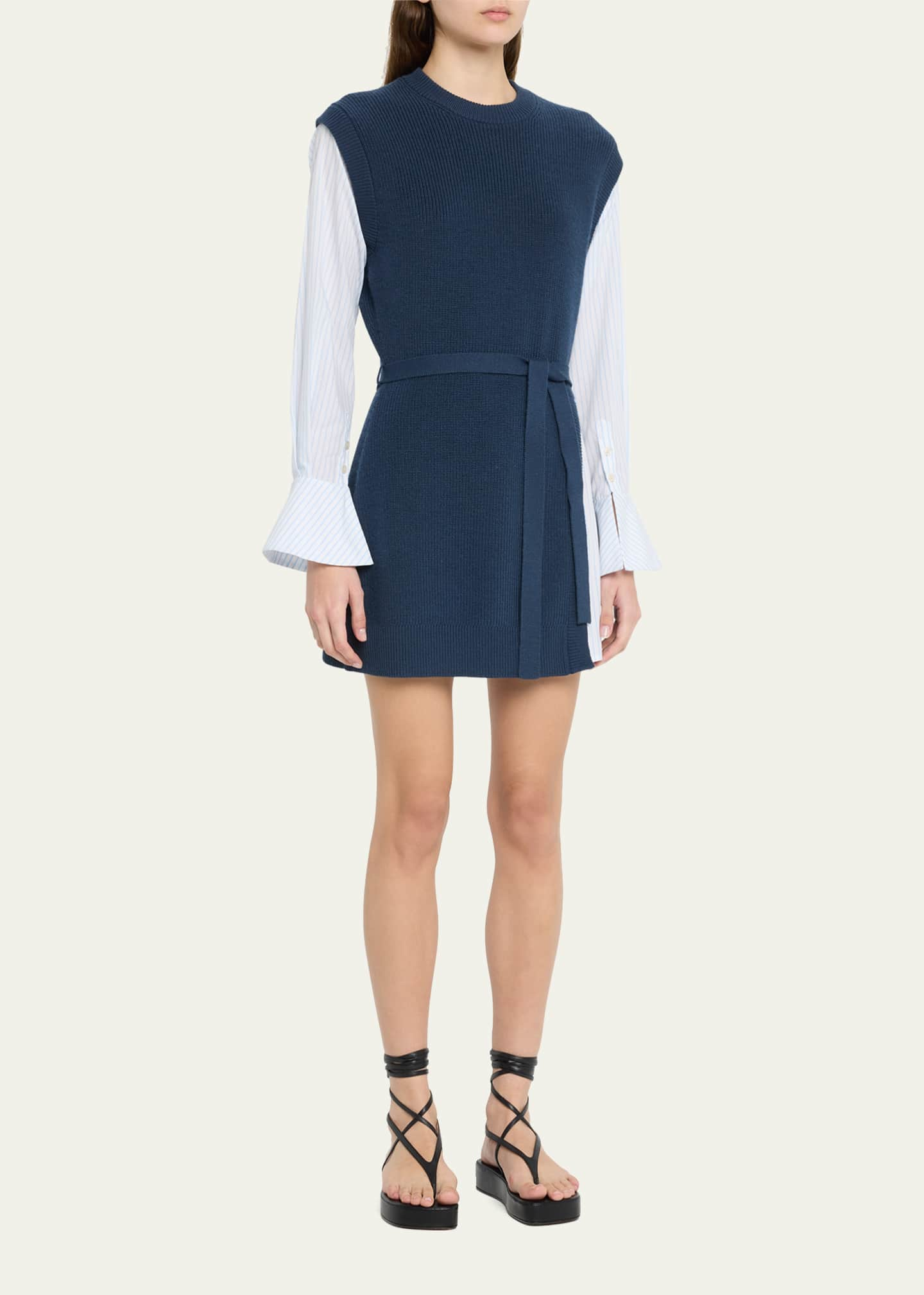 SIMKHAI Shai Combo Knit Poplin Belted Mini Dress Bergdorf Goodman