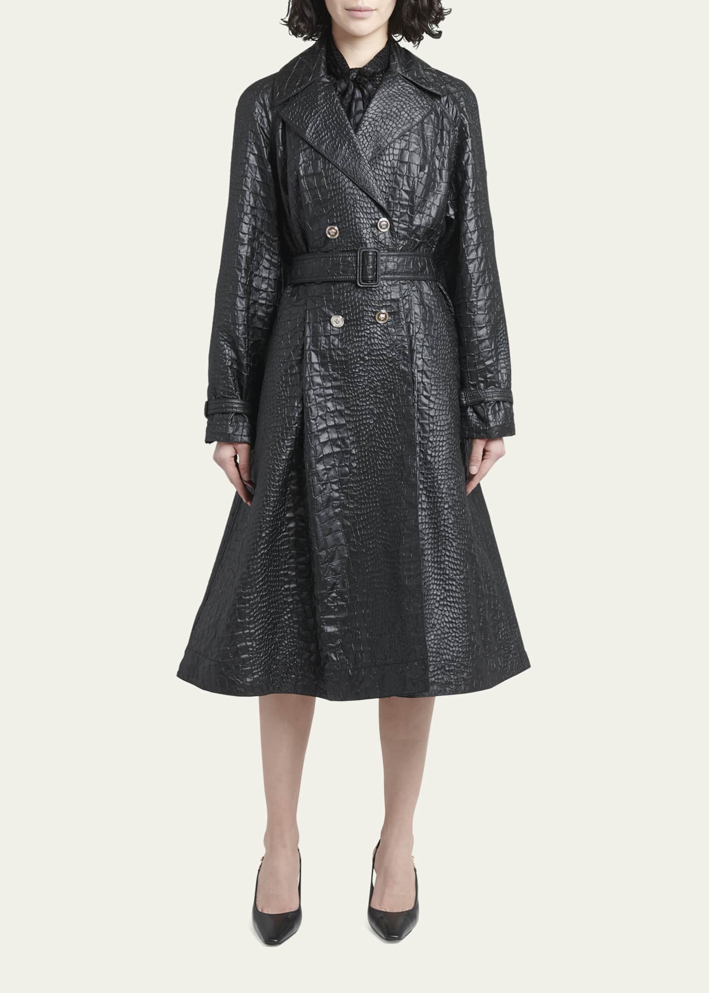 Croc-Effect Leather Trench Coat