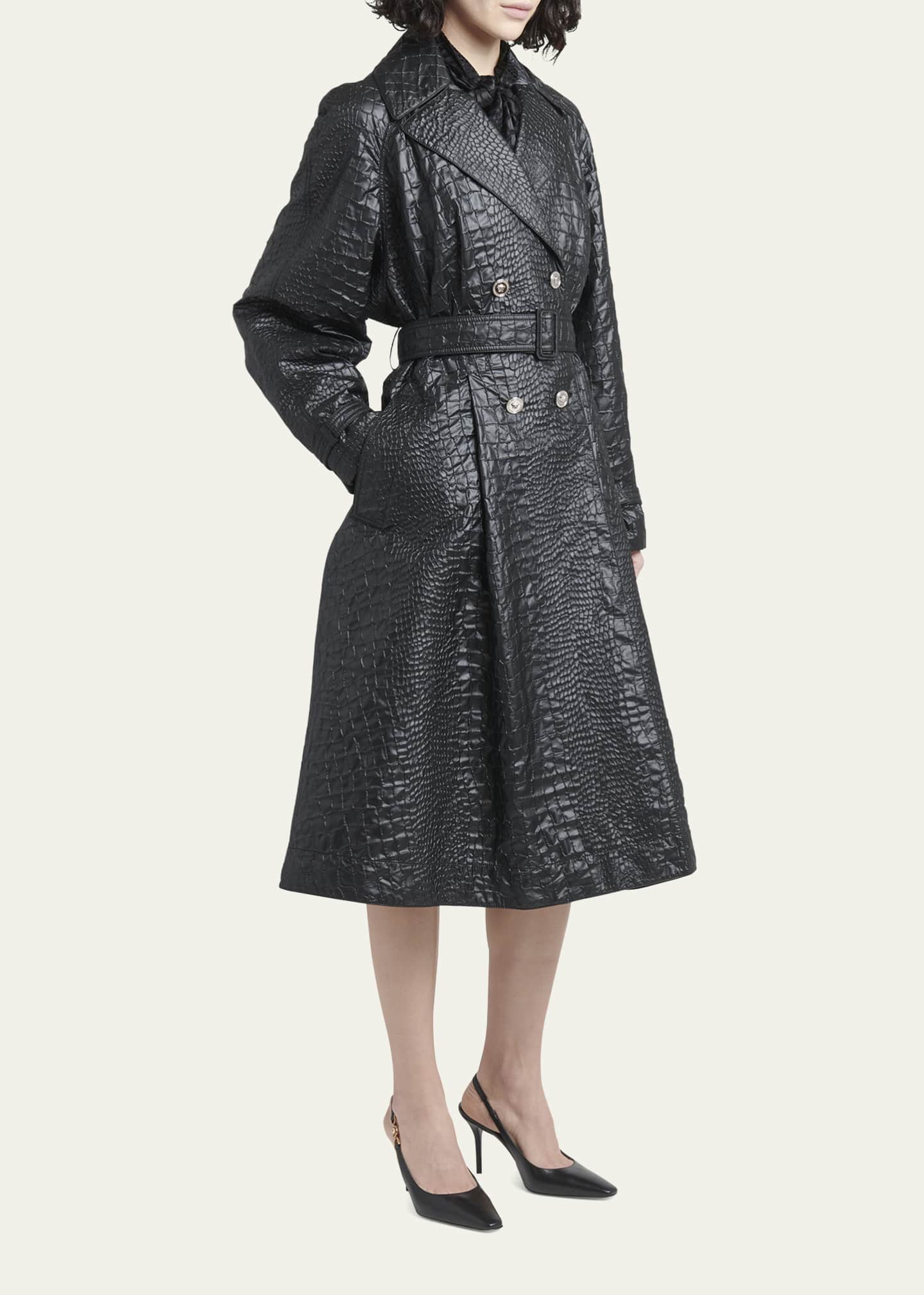 Versace Belted Techno Lacquered Crocodile Coquet Trench Coat