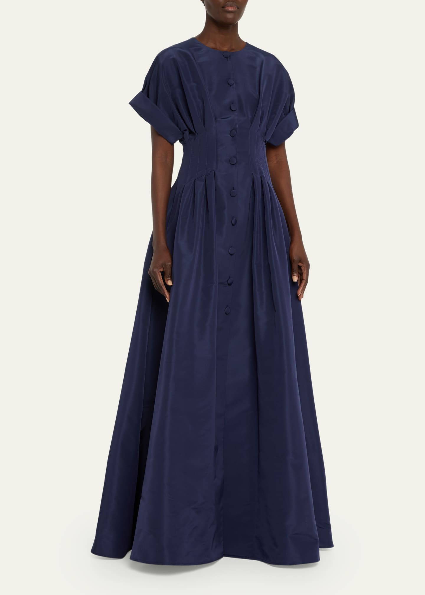 Carolina Herrera Corset-Waist Short-Sleeve Button-Front Gown Image 4 of 5