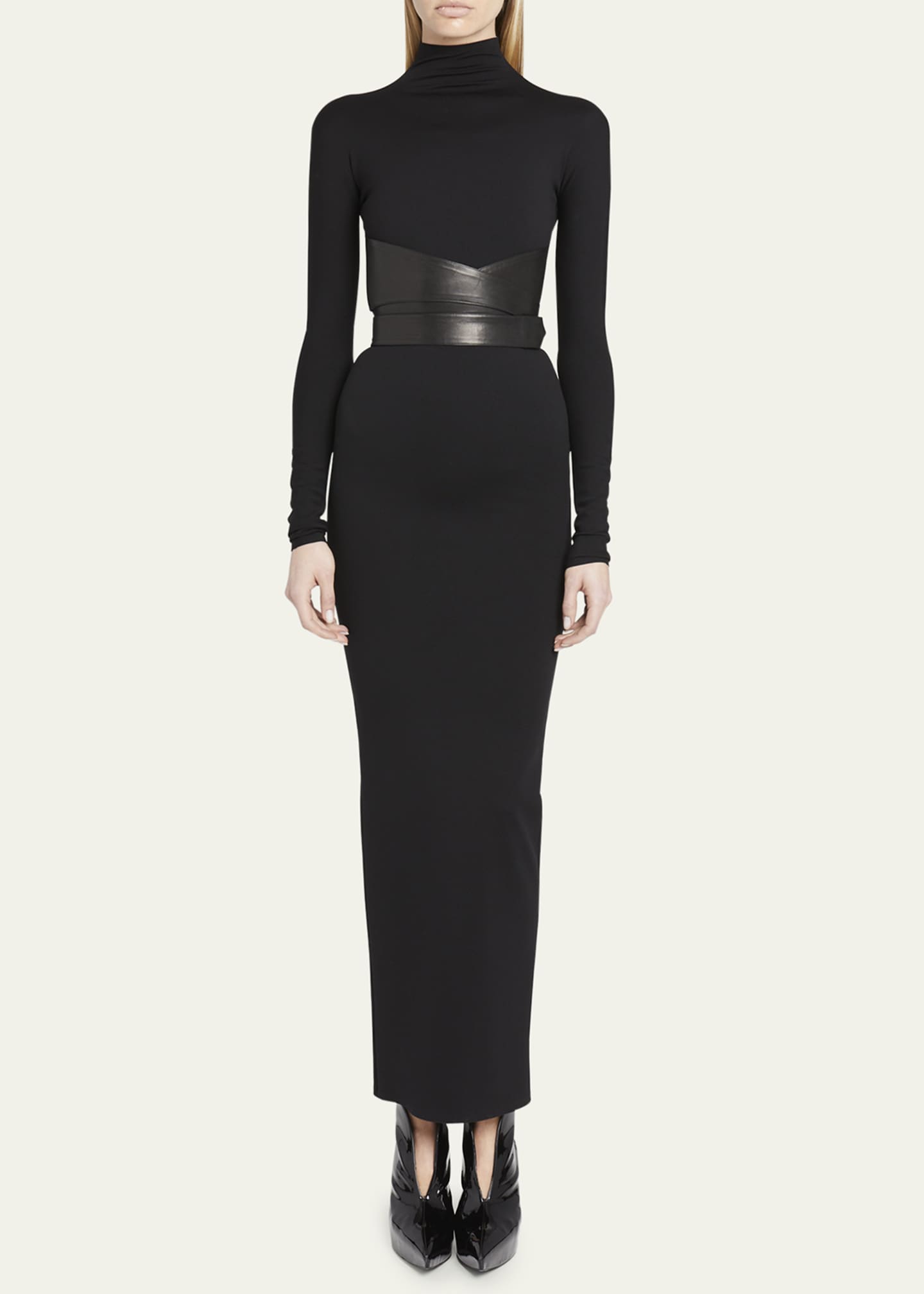 ALAIA Turtleneck Maxi Dress with Wrap Leather Belt - Bergdorf Goodman