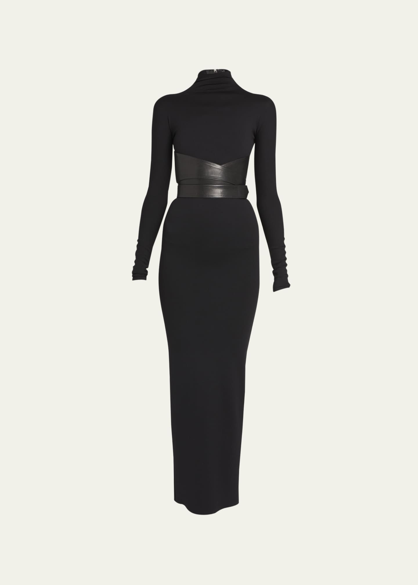 ALAIA Turtleneck Maxi Dress with Wrap Leather Belt - Bergdorf Goodman