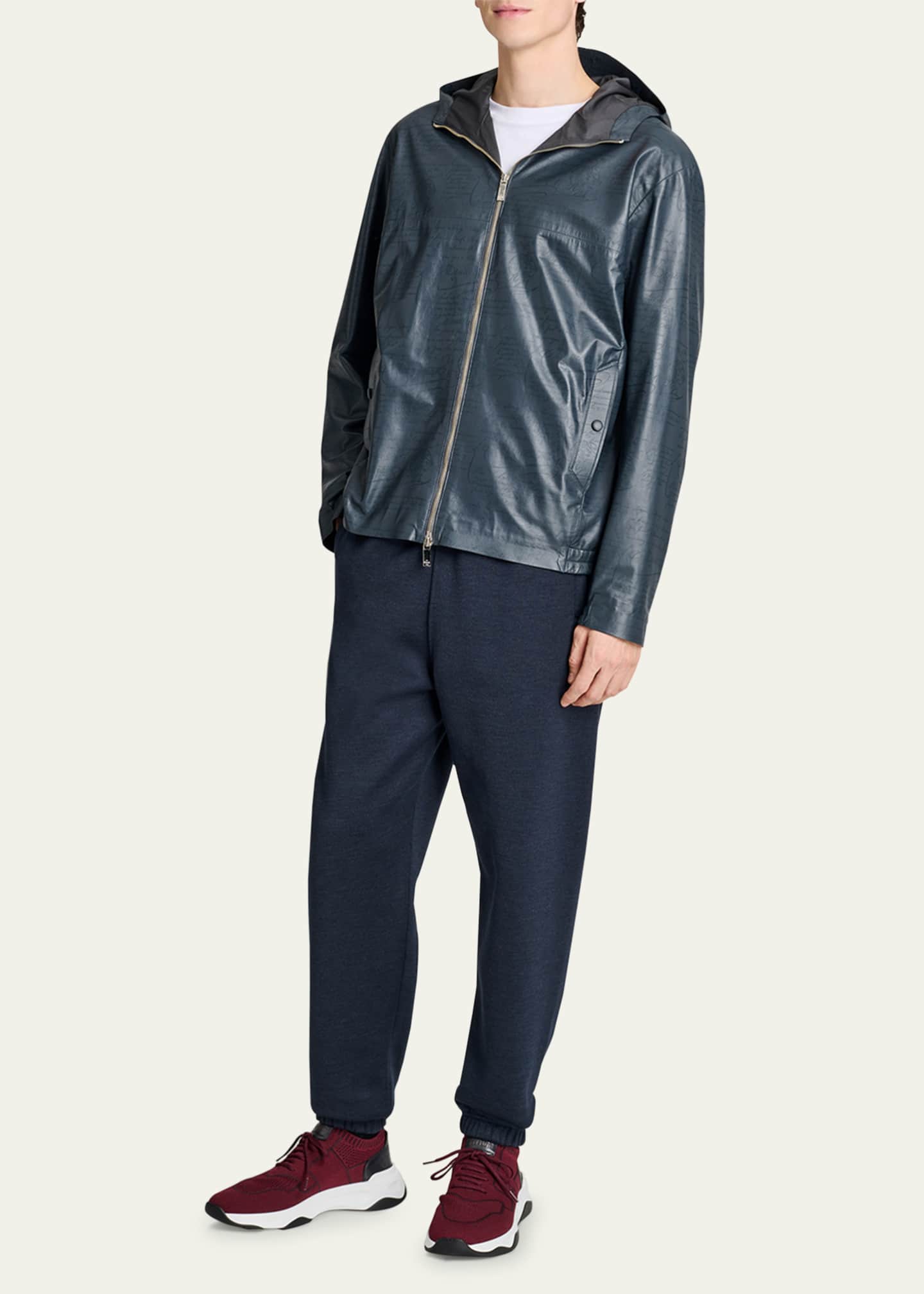 Berluti Men's Scritto Leather Full-Zip Hooded Jacket