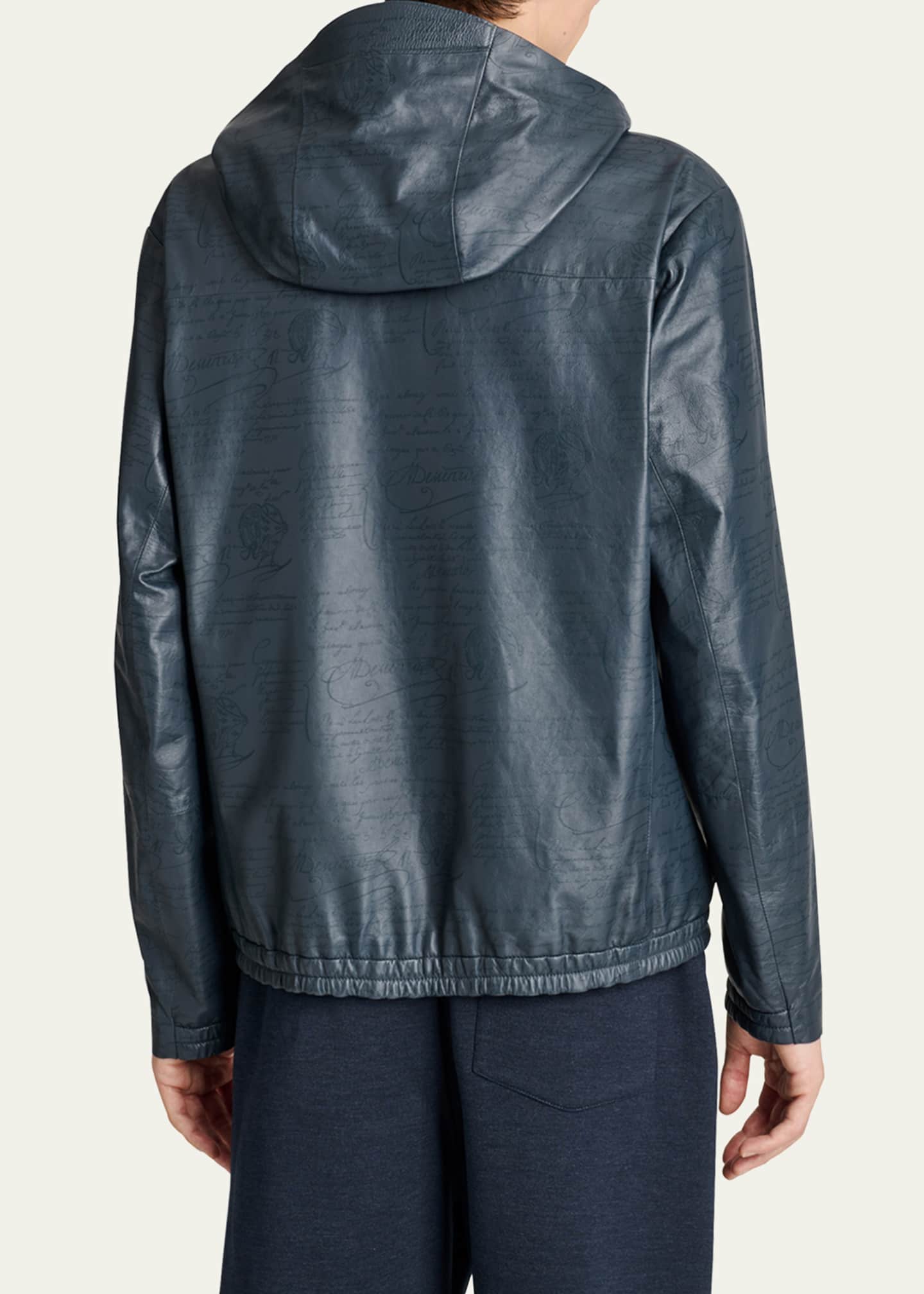 Berluti Men's Scritto Leather Full-Zip Hooded Jacket