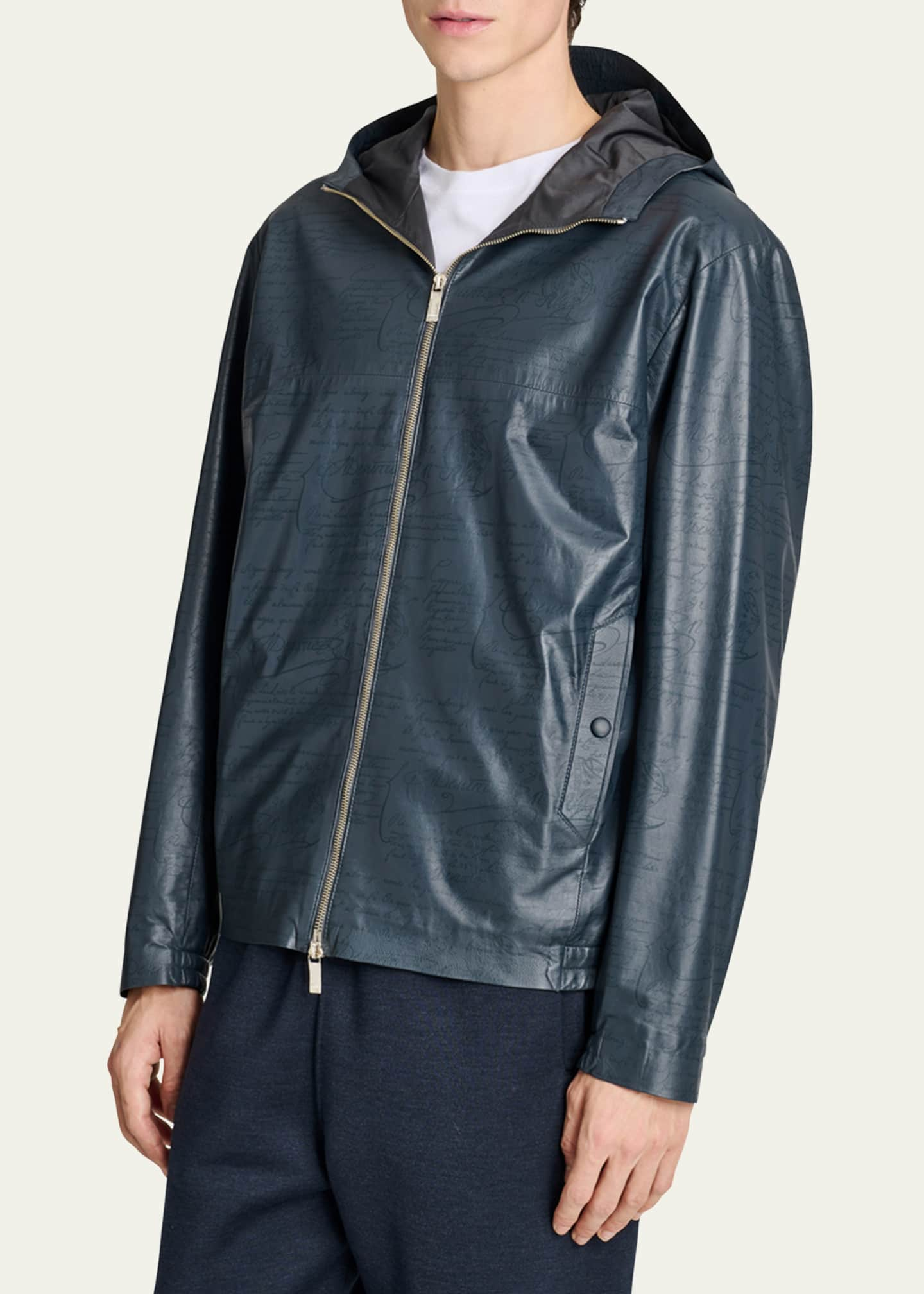 Berluti Men's Scritto Leather Full-Zip Hooded Jacket