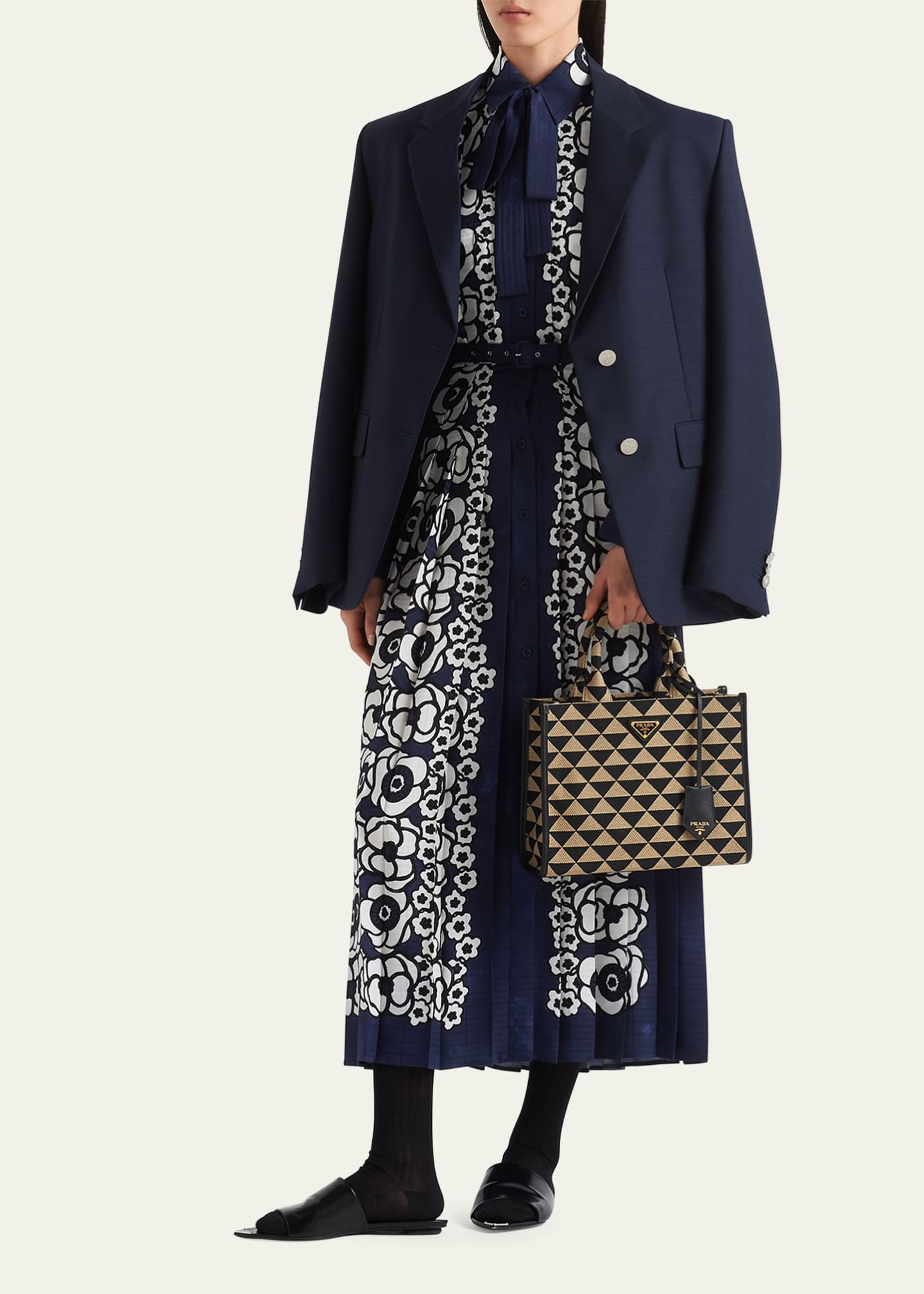 Prada Floral-Print Pleated Crepe De Chine Belted Dress Image 2 of 4