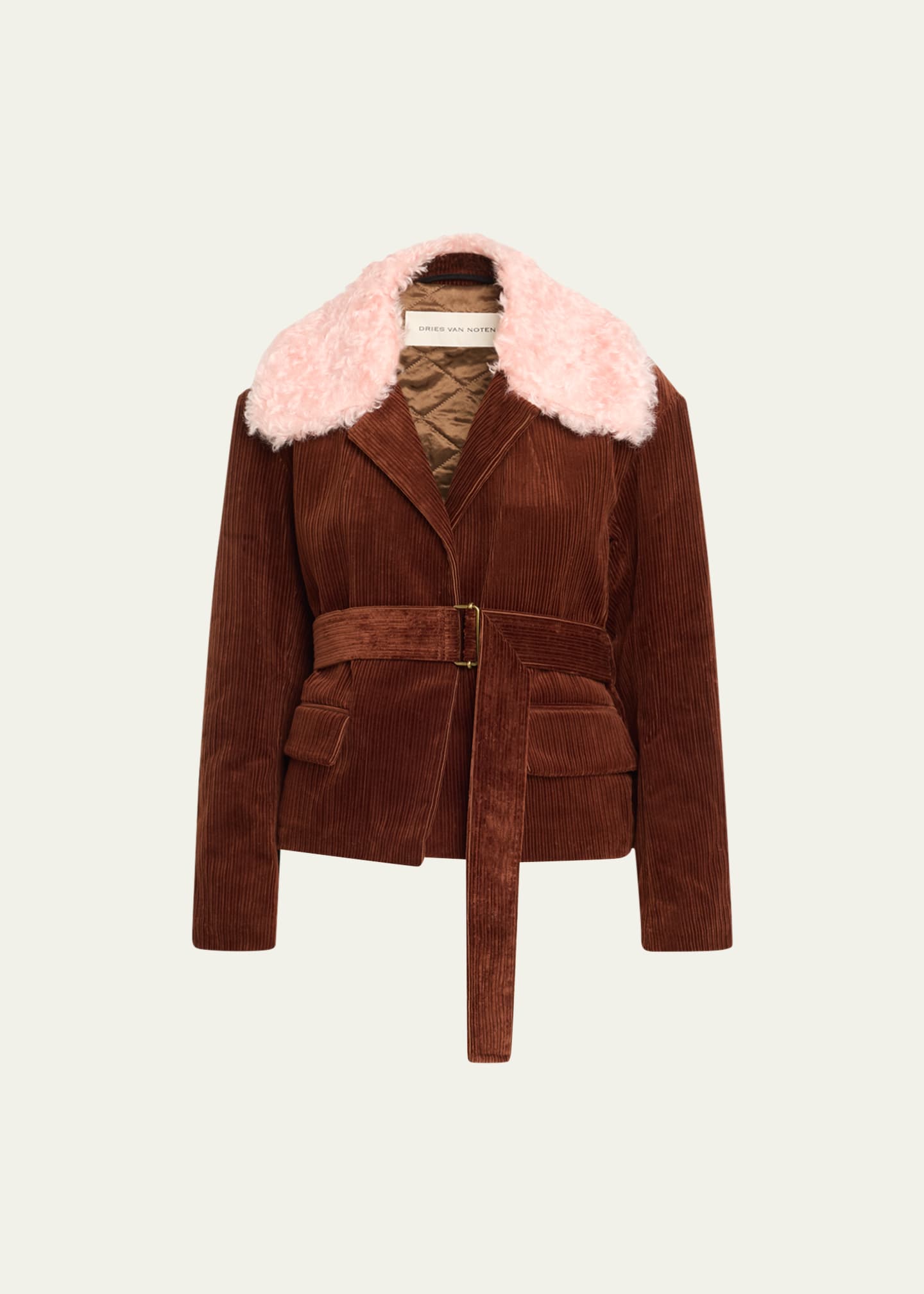 Dries Van Noten Vondi Corduroy Belted Jacket with Faux Fur Collar