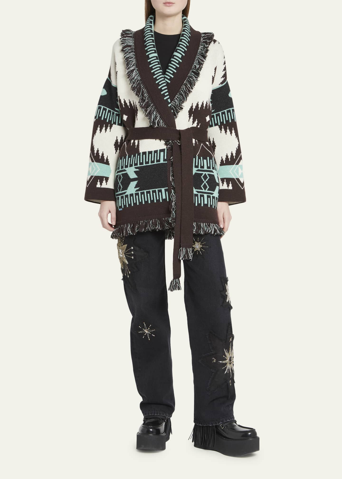 Alanui Icon Jacquard Fringe Belted Cashmere Cardigan