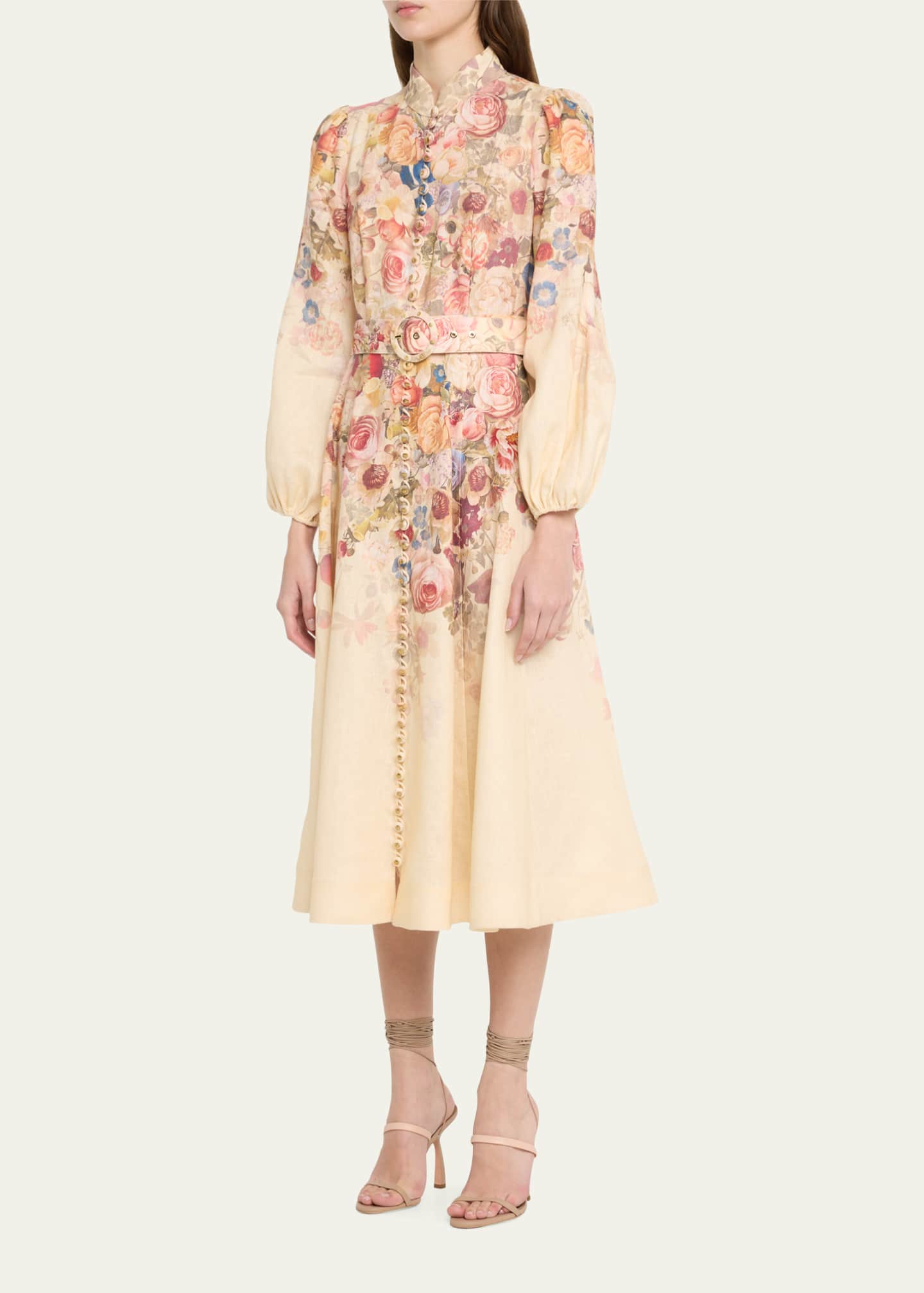 Zimmermann Luminosity Floral Linen Belted ButtonFront Midi Dress