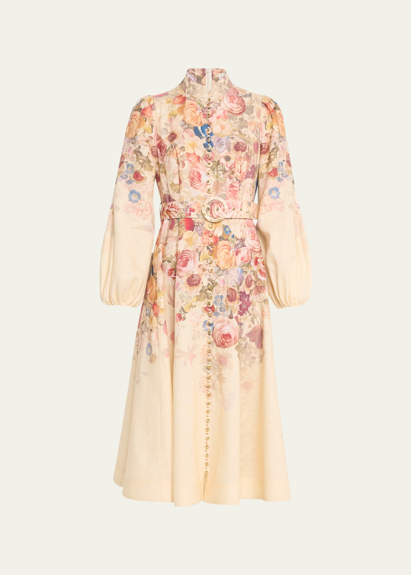 Zimmermann Luminosity Floral Linen Belted Button-Front Midi Dress