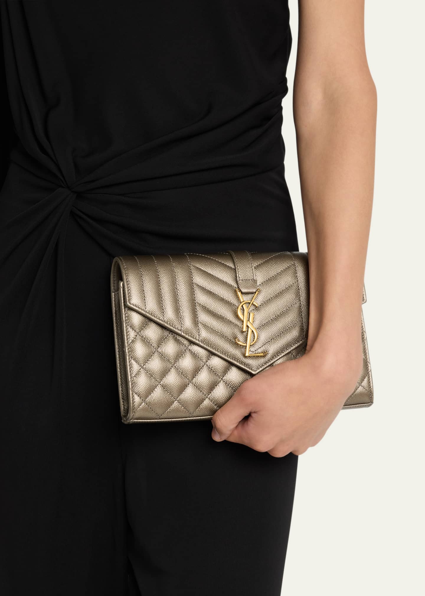 Saint Laurent YSL Quilted Metallic Leather Chain Wallet