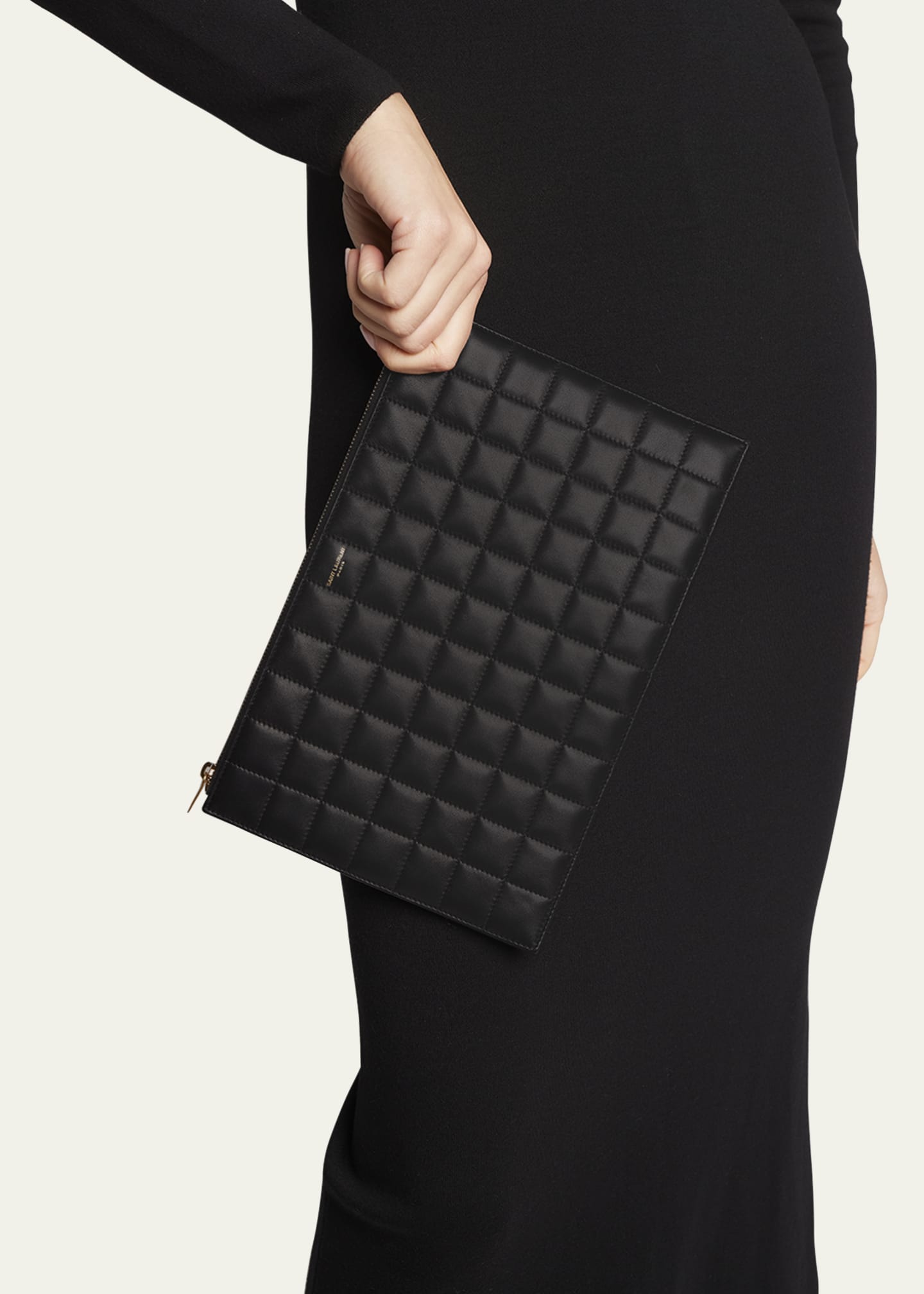 [Saint Laurent] Smooth Leather Monogrammed ☆送料込☆ Saint Laurent YSL Monogram Tablet Ziptop Pouch in Quilted