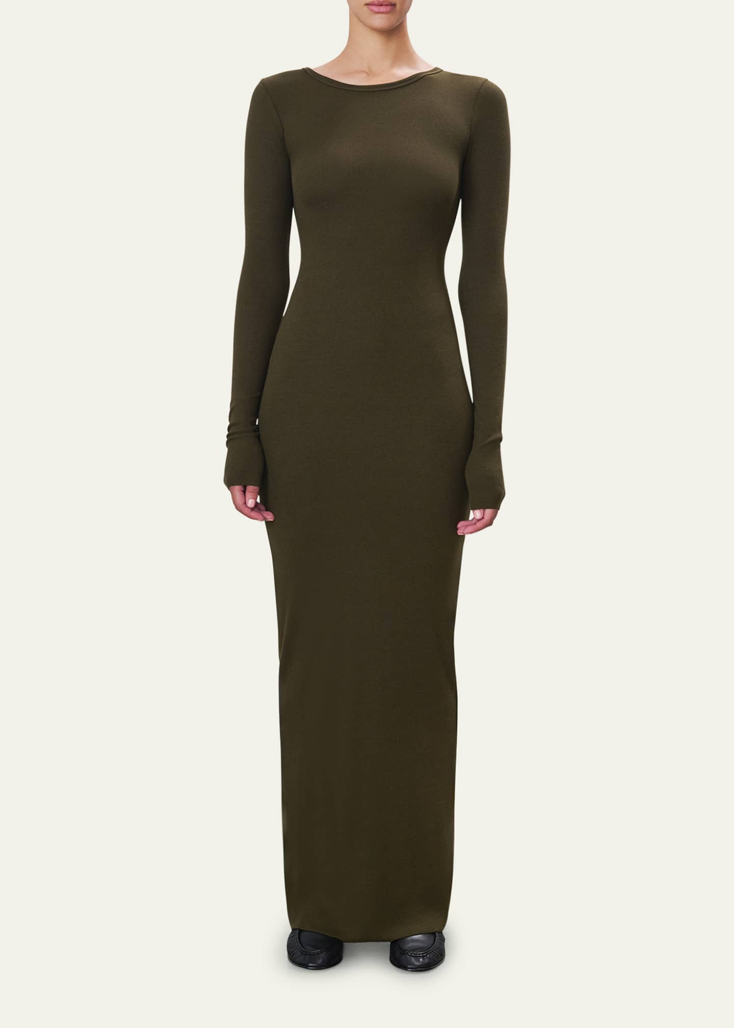 Long-Sleeve Crewneck Rib-Knit Maxi Dress - Thumbnail 2