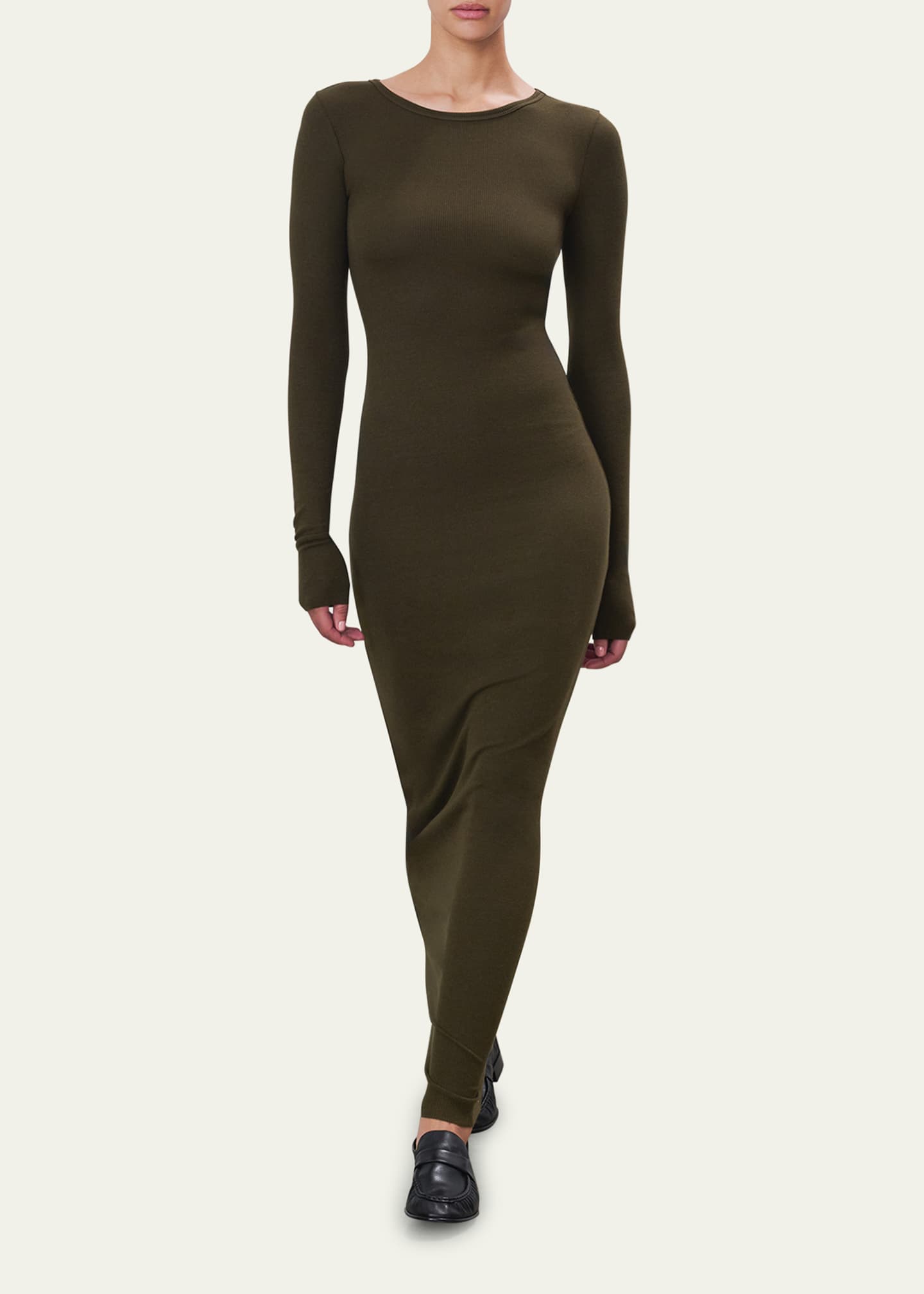 Long-Sleeve Crewneck Rib-Knit Maxi Dress - Thumbnail 4