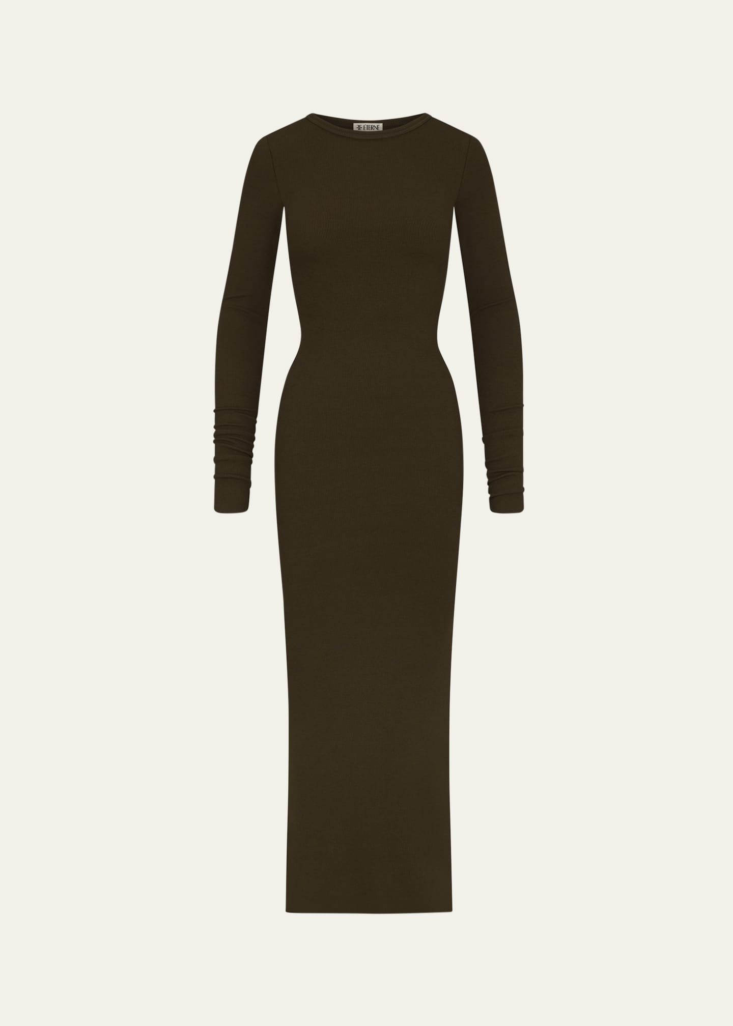 Long-Sleeve Crewneck Rib-Knit Maxi Dress - Thumbnail 1