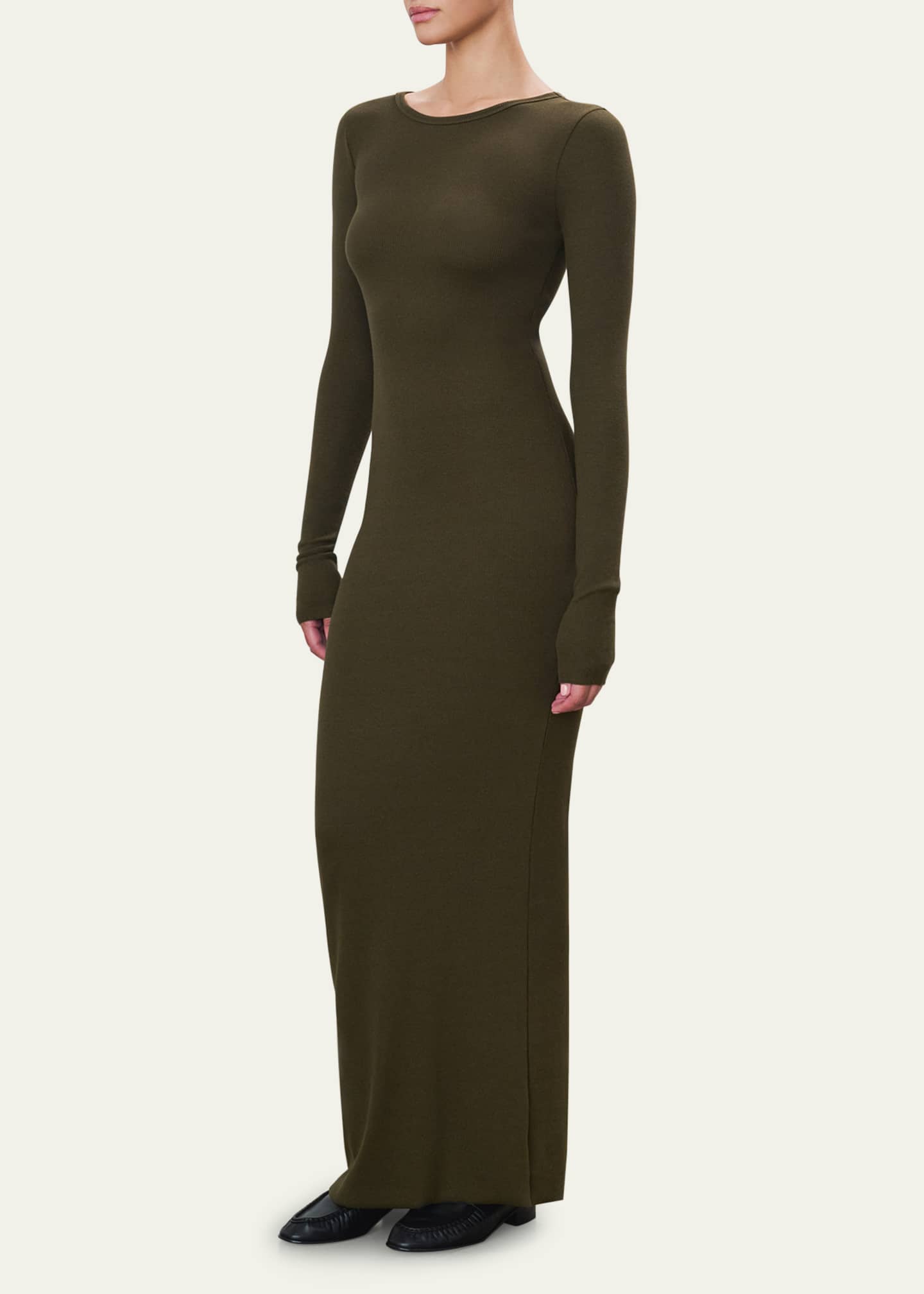 Long-Sleeve Crewneck Rib-Knit Maxi Dress - Thumbnail 5