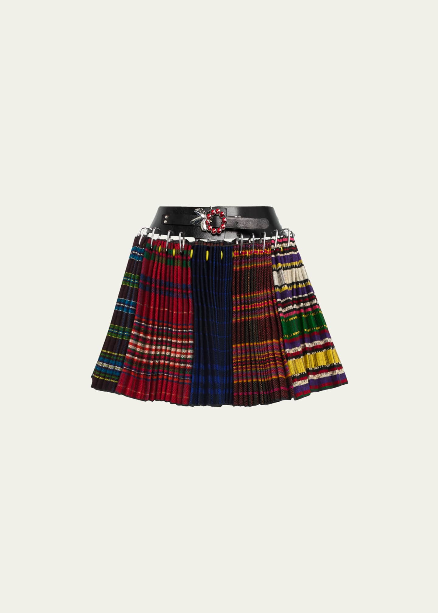Chopova Lowena Carabiner Spliced Plaid-Print Belted Mini Wool Skirt