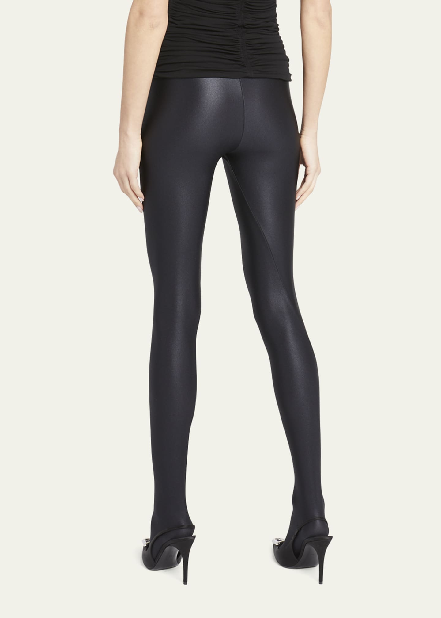 Saint Laurent Shiny Footed Leggings with Logo Band - Bergdorf Goodman