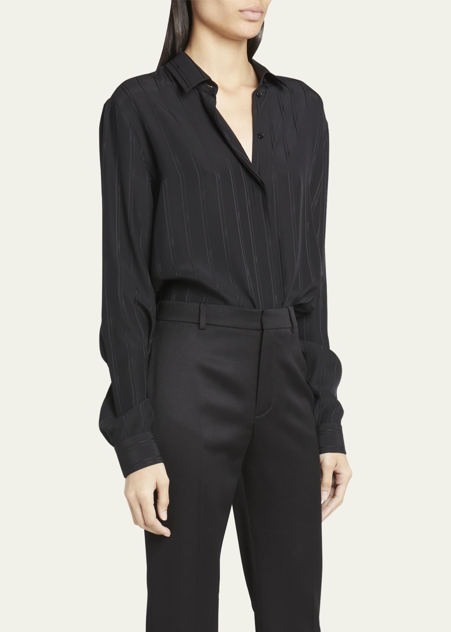 Saint Laurent Silk Button Front Shirt with Logo Stripes Bergdorf