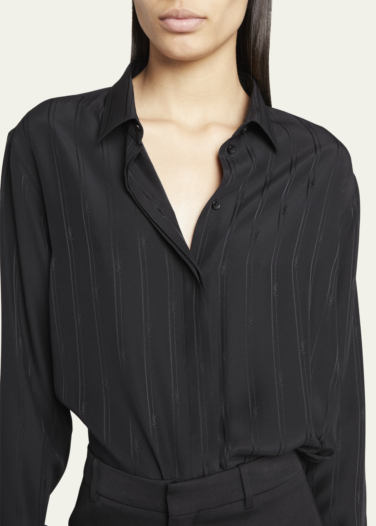 Saint Laurent Silk Button-Front Shirt with Logo Stripes Image 5 of 5
