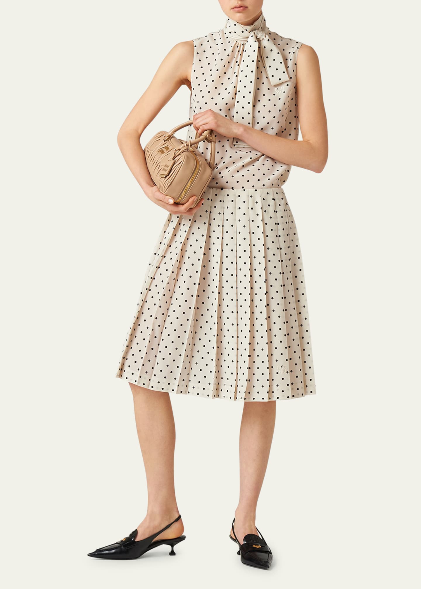 Miu Miu Polka-Dot Crepe de Chine Pleated Midi Skirt