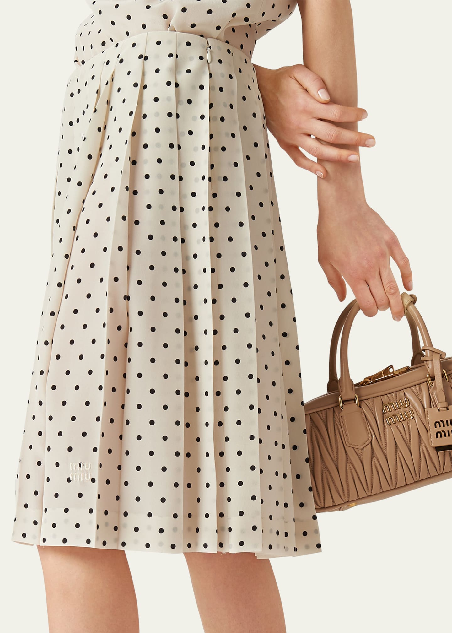 Miu Miu Polka-Dot Crepe de Chine Pleated Midi Skirt