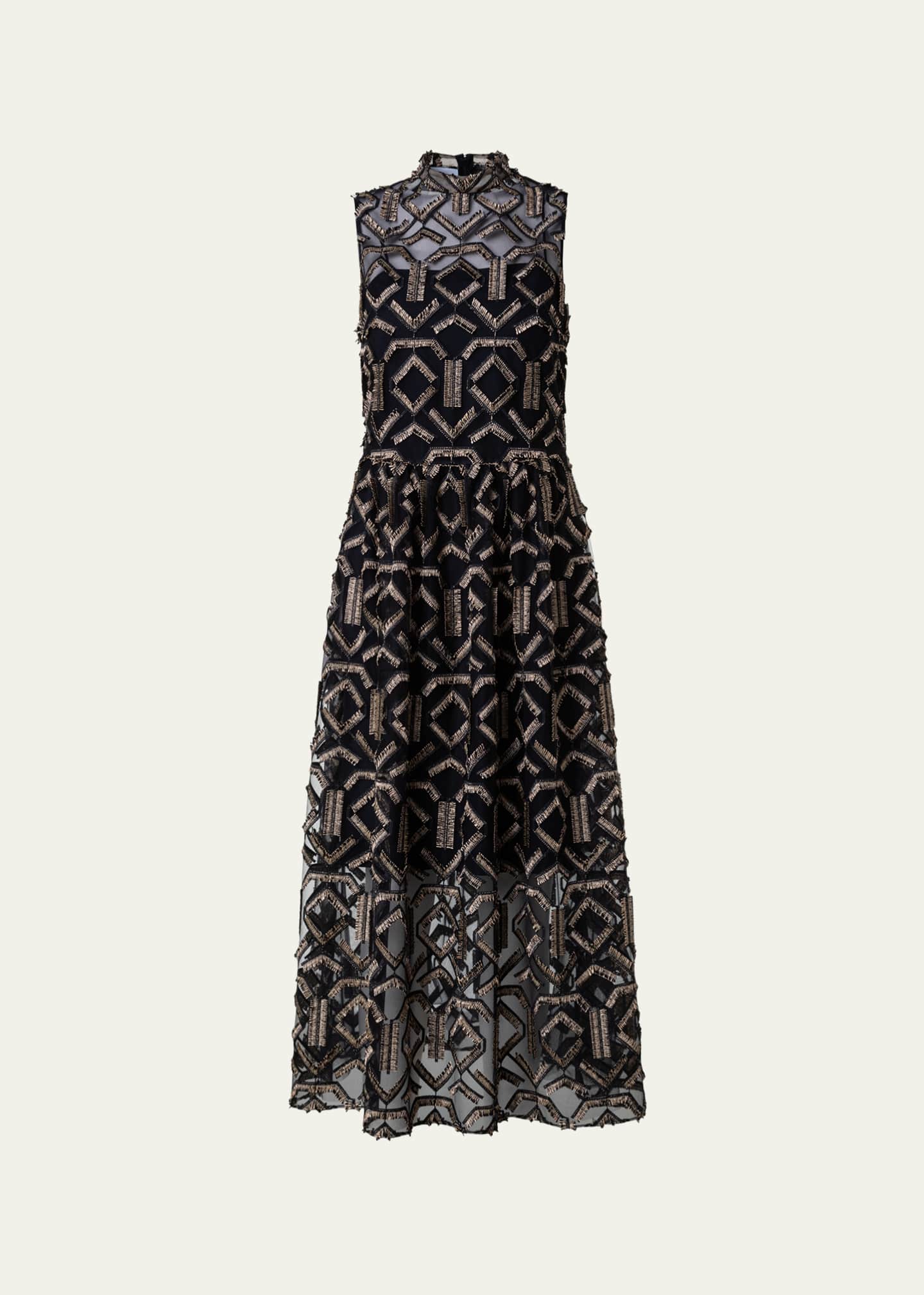 Akris punto Gold Fringe Embroidered Tulle Midi Dress Bergdorf