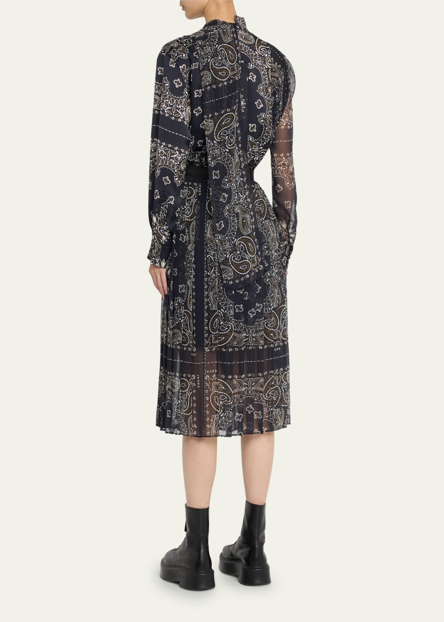 SACAI Bandana-Print Pleated Neck-Tie Midi Dress
