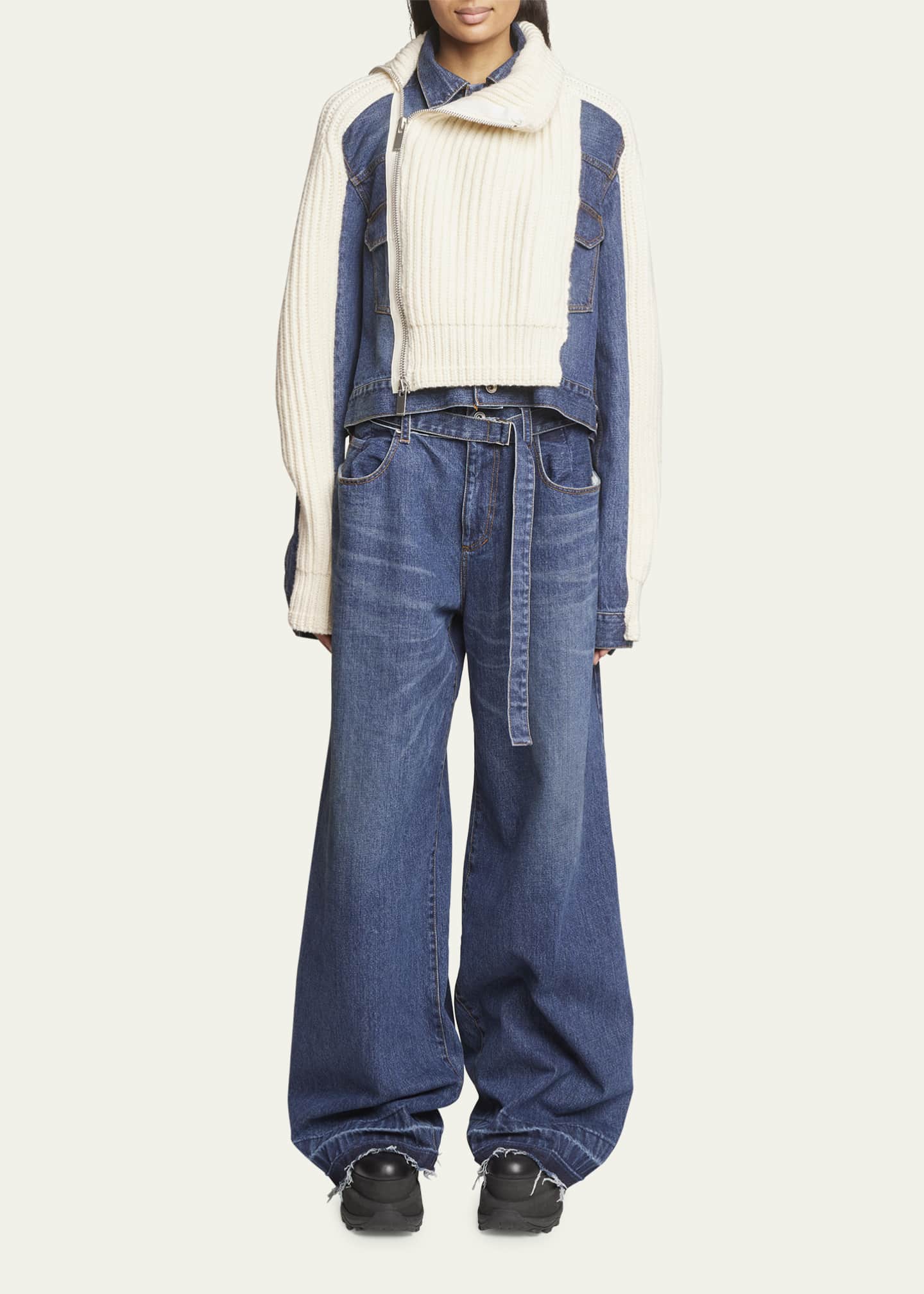 SACAI FunnelNeck Denim Knit Jacket Bergdorf Goodman