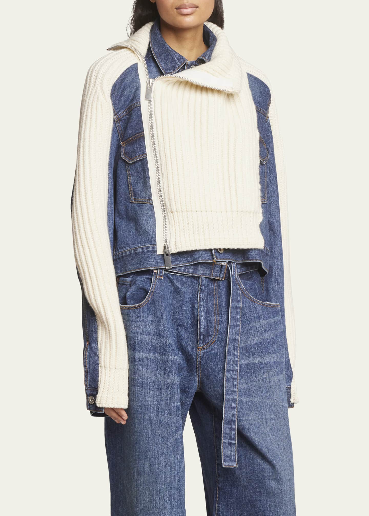 SACAI FunnelNeck Denim Knit Jacket Bergdorf Goodman