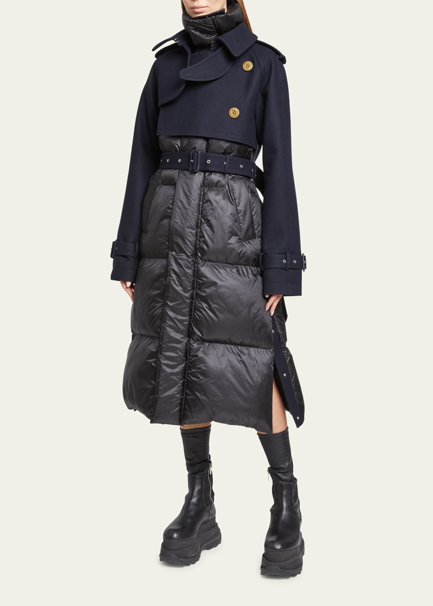 SACAI Hybrid Wool Peacoat Puffer Belted Coat Bergdorf Goodman