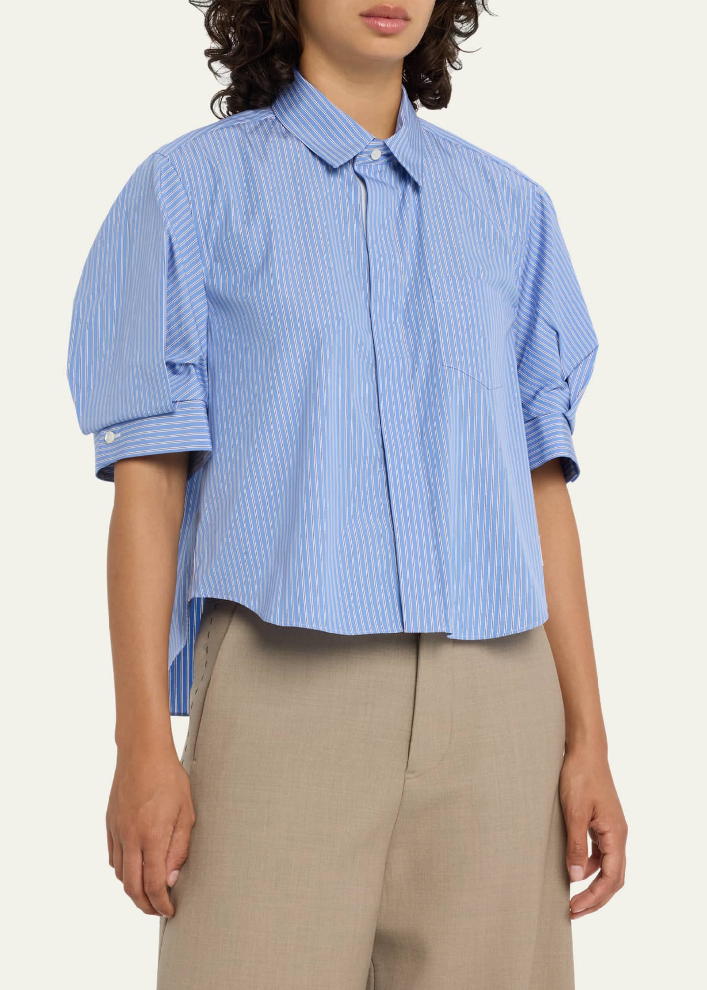 SACAI Pinstripe Puff-Sleeve Poplin Cropped Shirt - Bergdorf Goodman